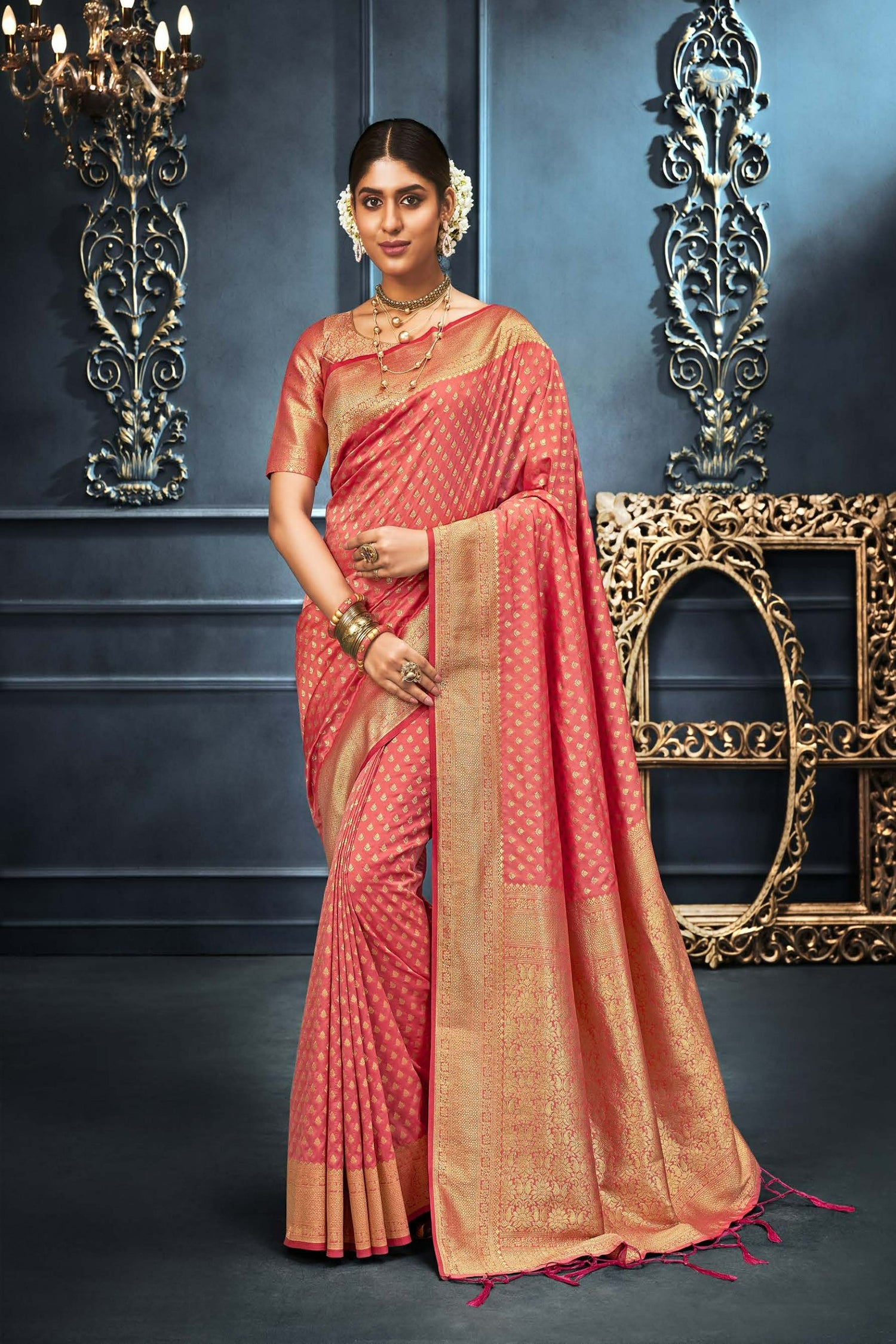 Onion Pink Saree With Light Gold Zari