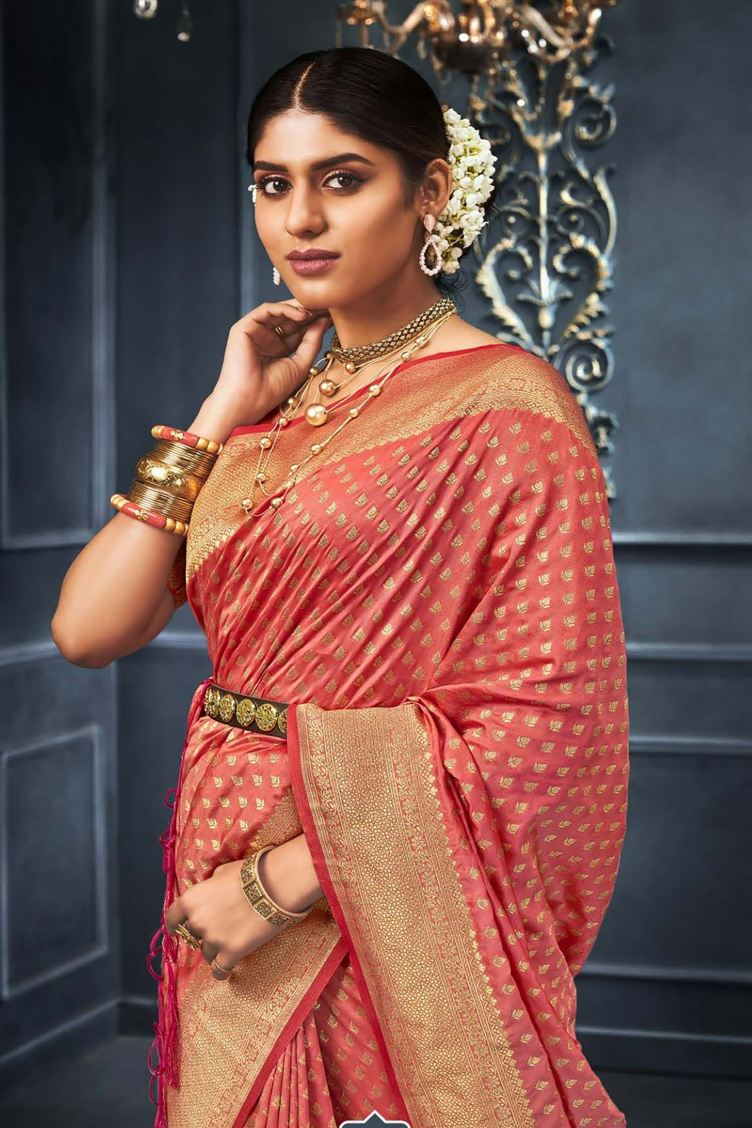 Onion Pink Saree With Light Gold Zari