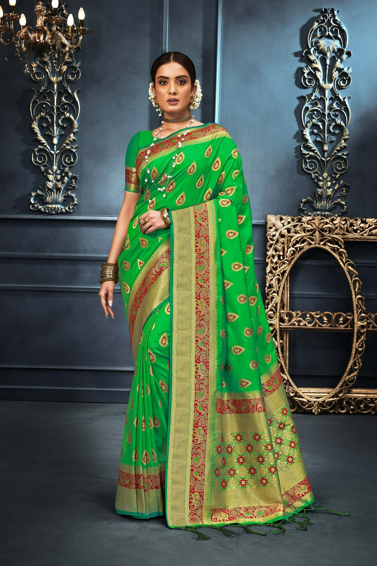 Green Saree With Golden And Red Border