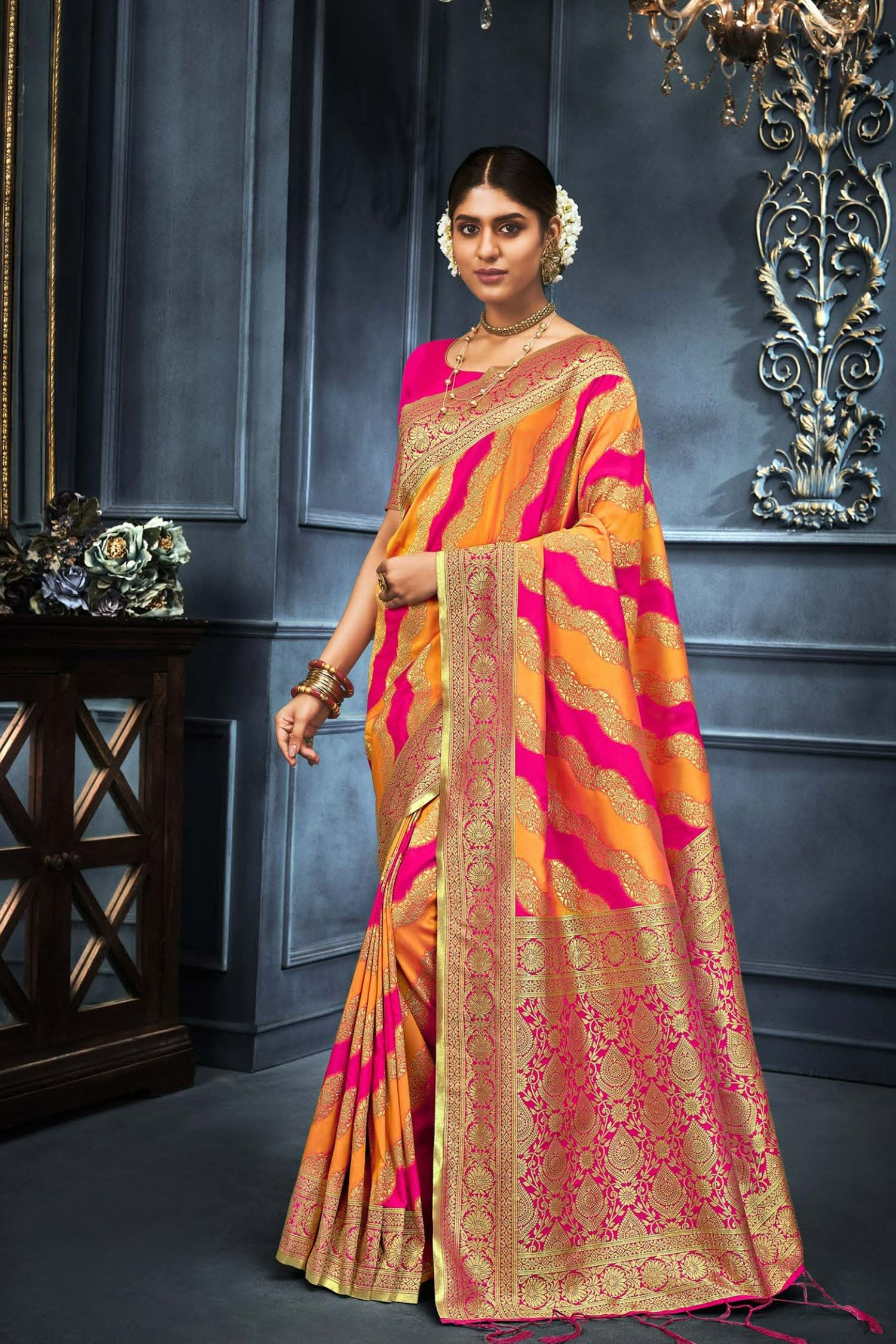 Vibrant Pink And Orange Saree