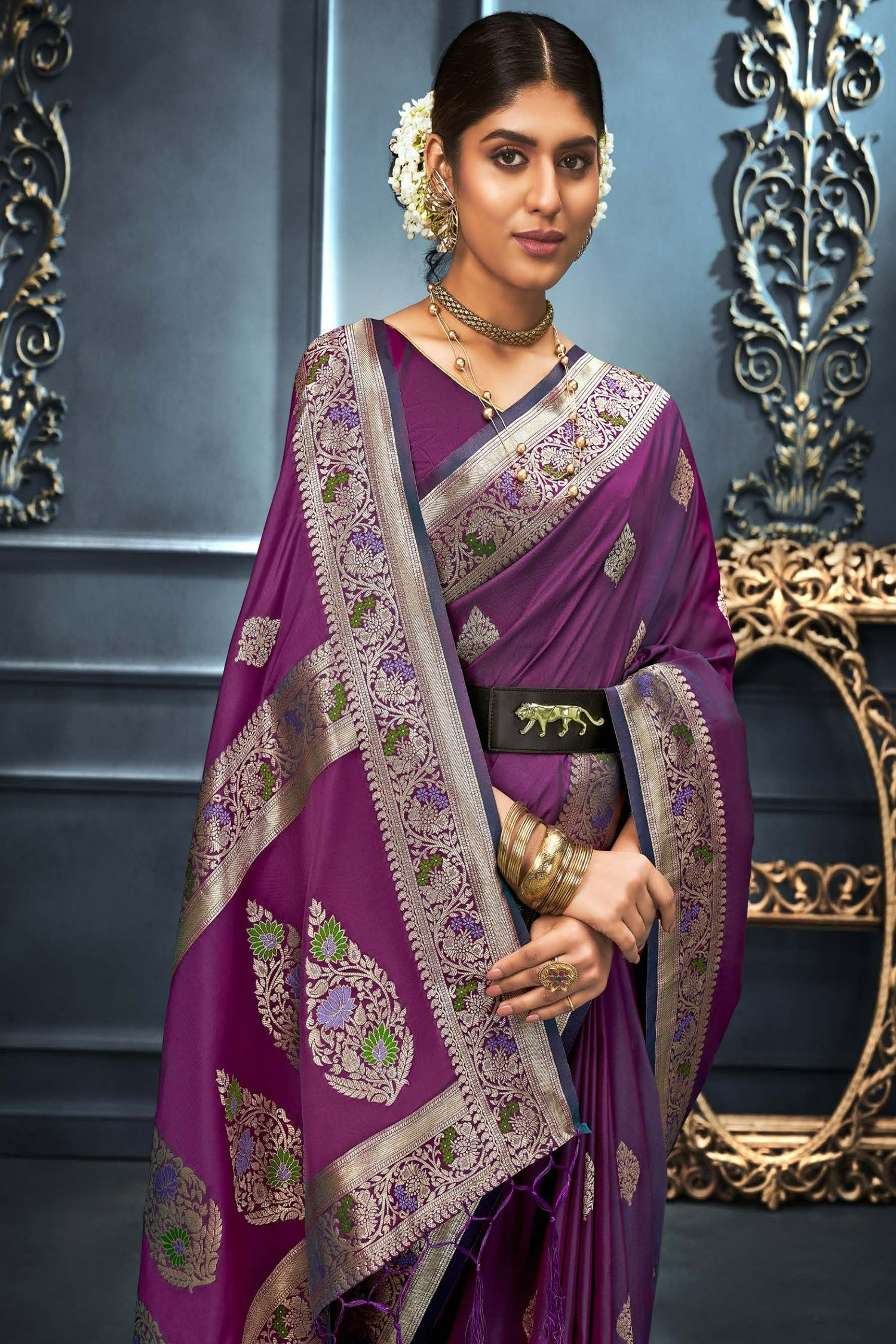 Purple Saree With Light Gold Zari