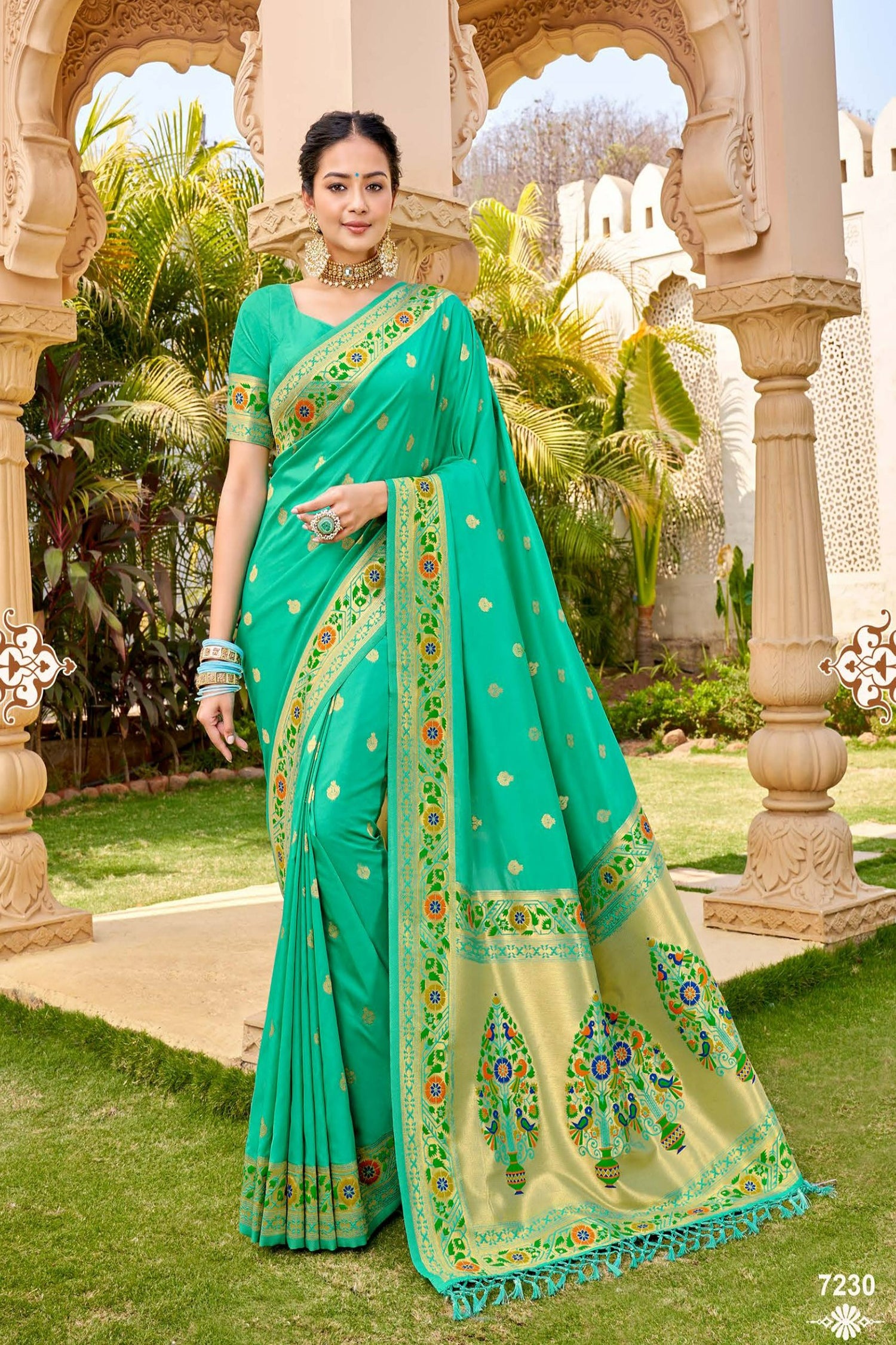 Turquoise Blue Paithani Saree With Bird Motifs