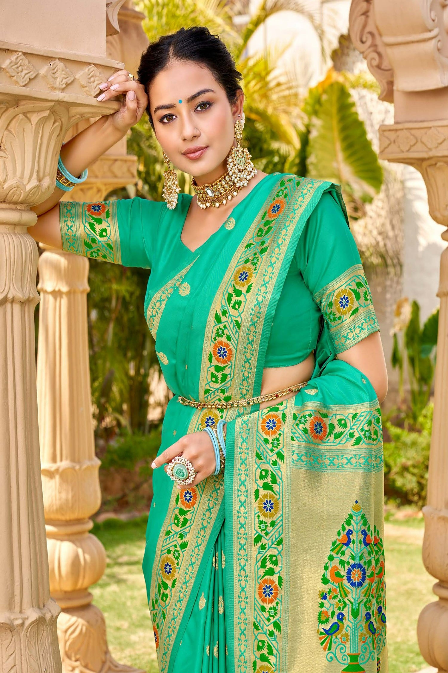 Turquoise Blue Paithani Saree With Bird Motifs