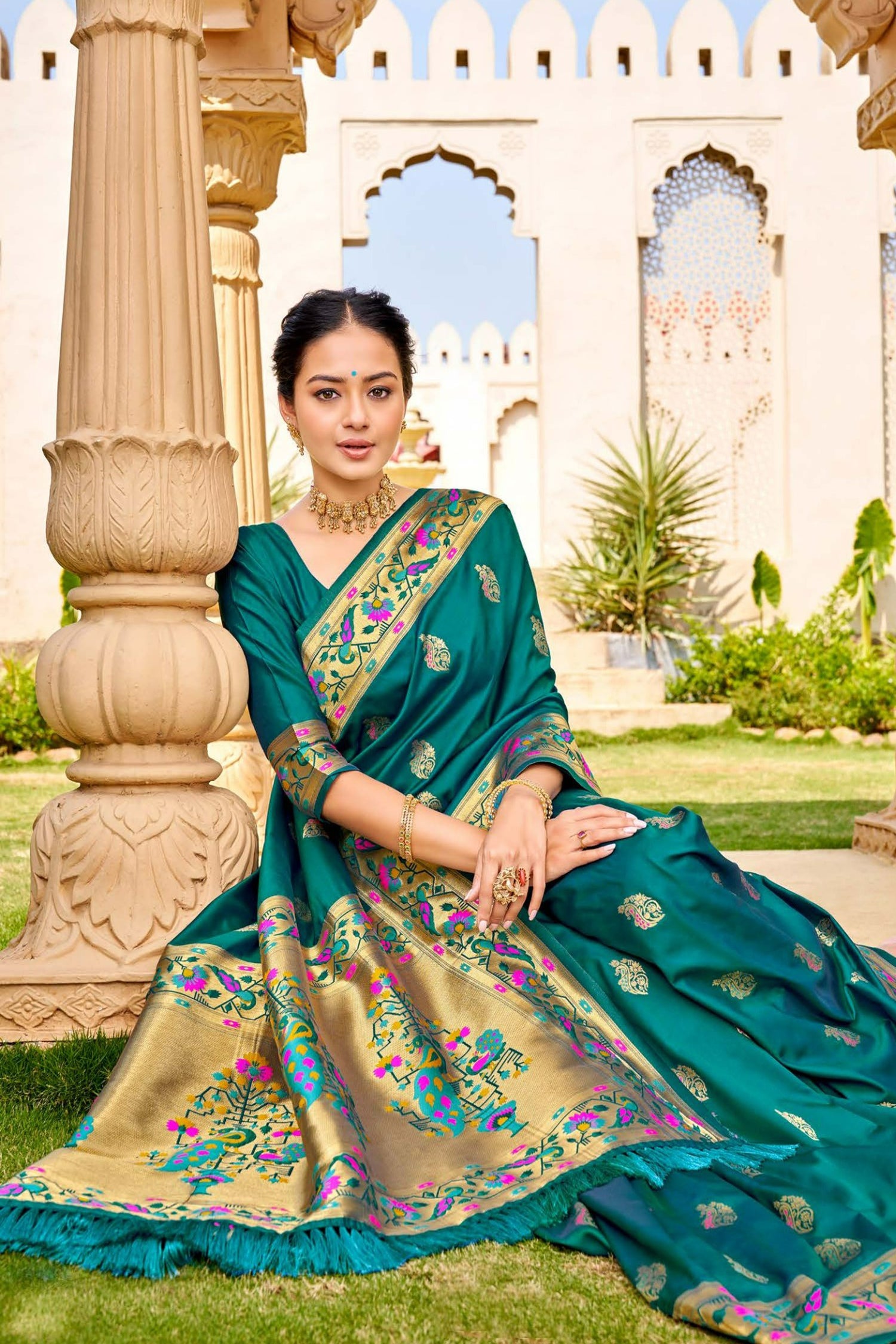 Teal Paithani Saree With Floral And Peacocok Patterns