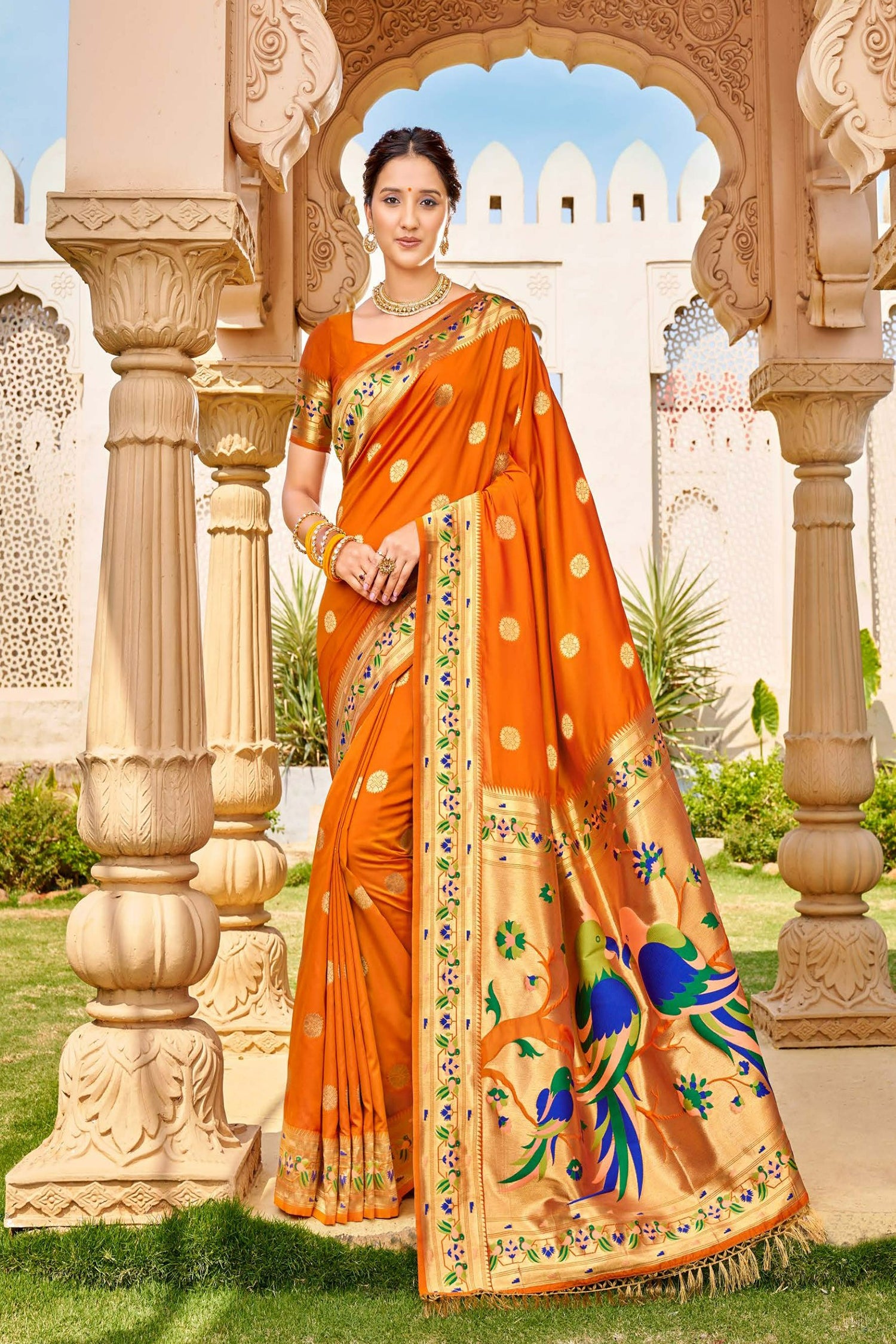 Orange Paithani Saree With Bird Motifs