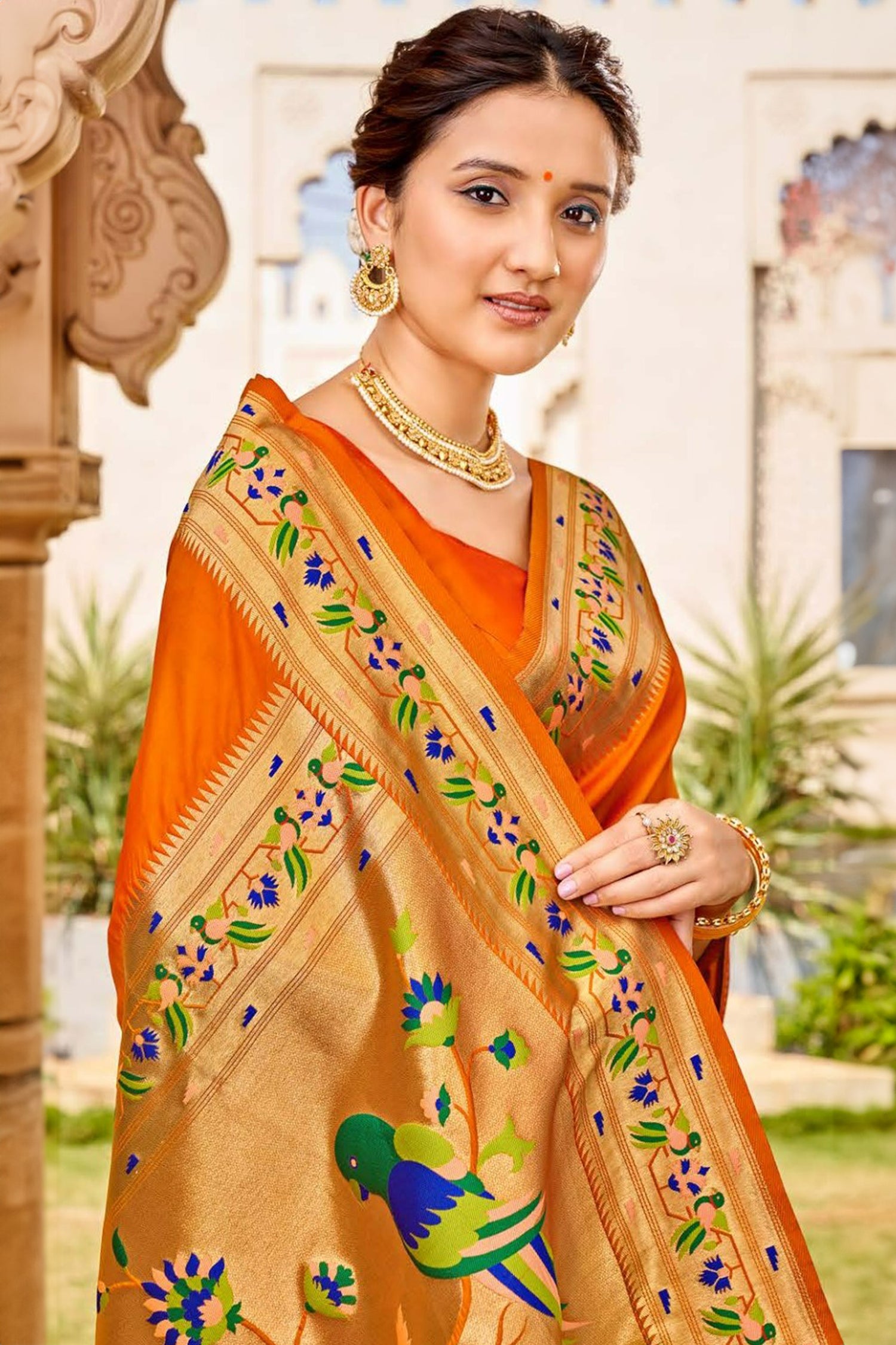 Orange Paithani Saree With Bird Motifs