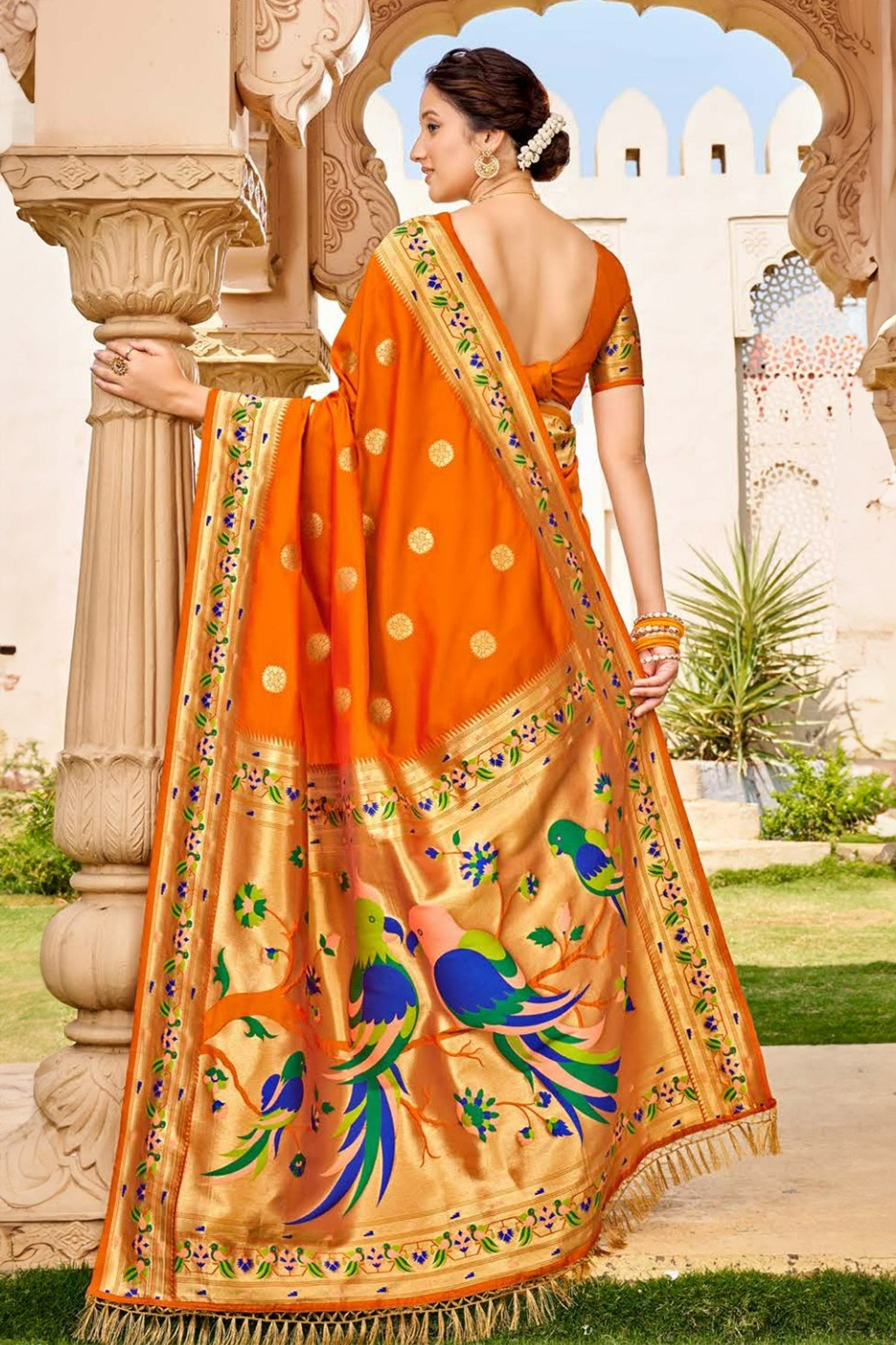 Orange Paithani Saree With Bird Motifs