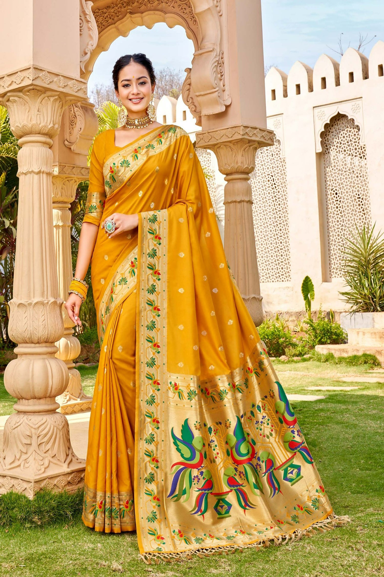 Mustard Yellow Paithani Saree With Macaw Pallu Border
