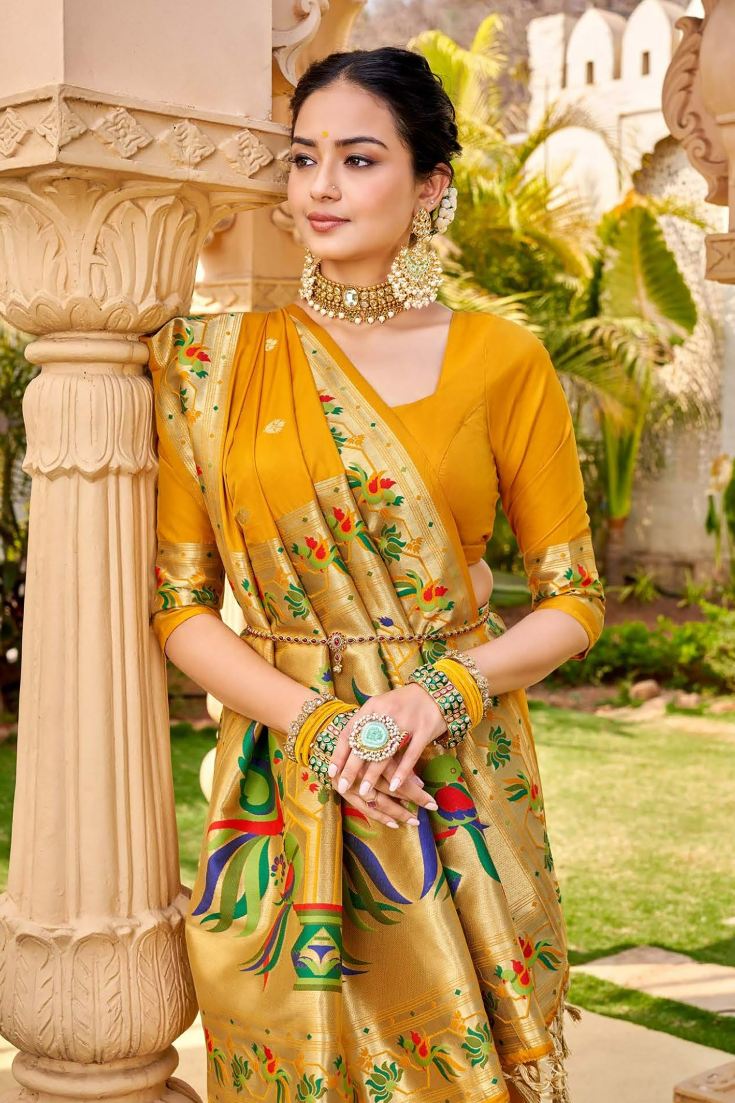 Mustard Yellow Paithani Saree With Macaw Pallu Border