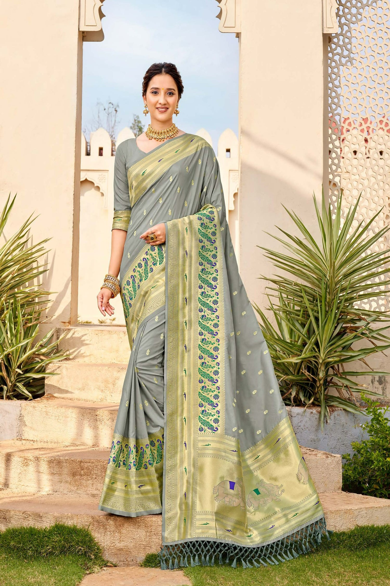 Ash Grey Paithani Saree