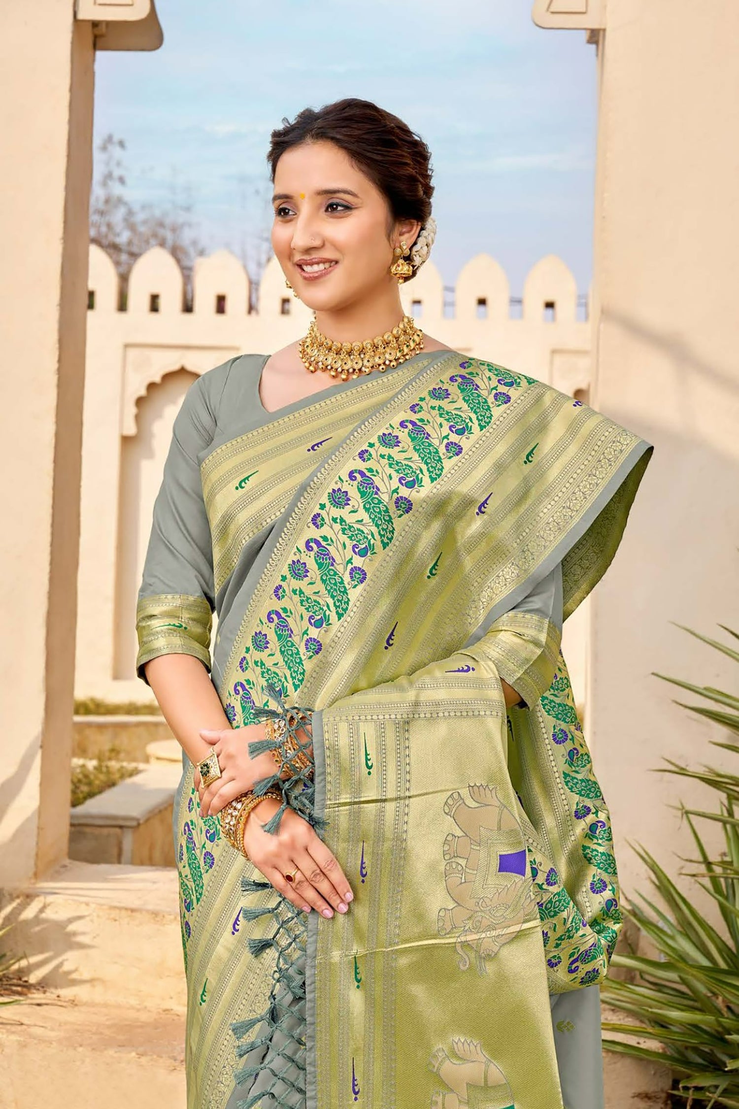 Ash Grey Paithani Saree
