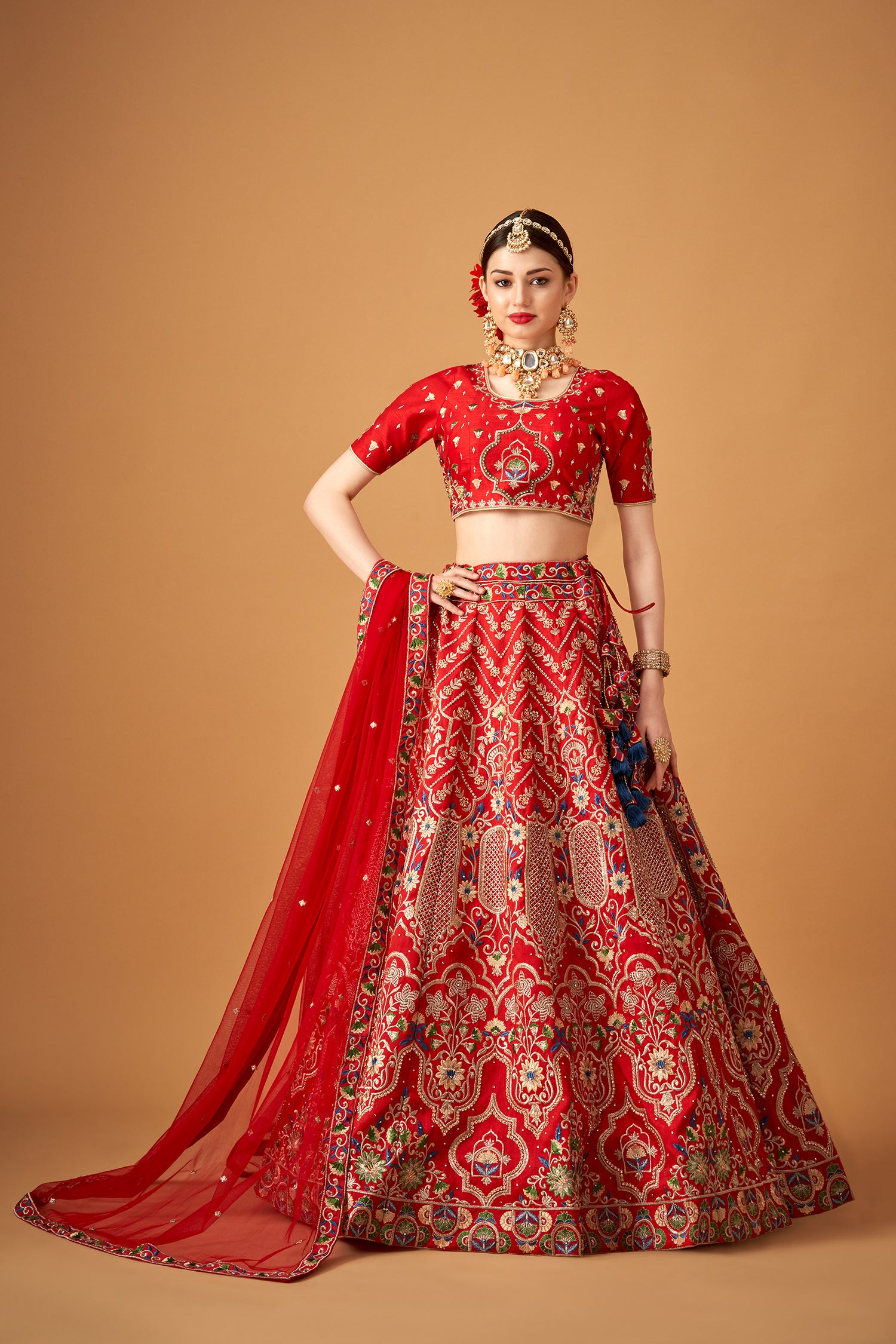 Red Embroidered Lehenga Set with Beadwork Embellishments