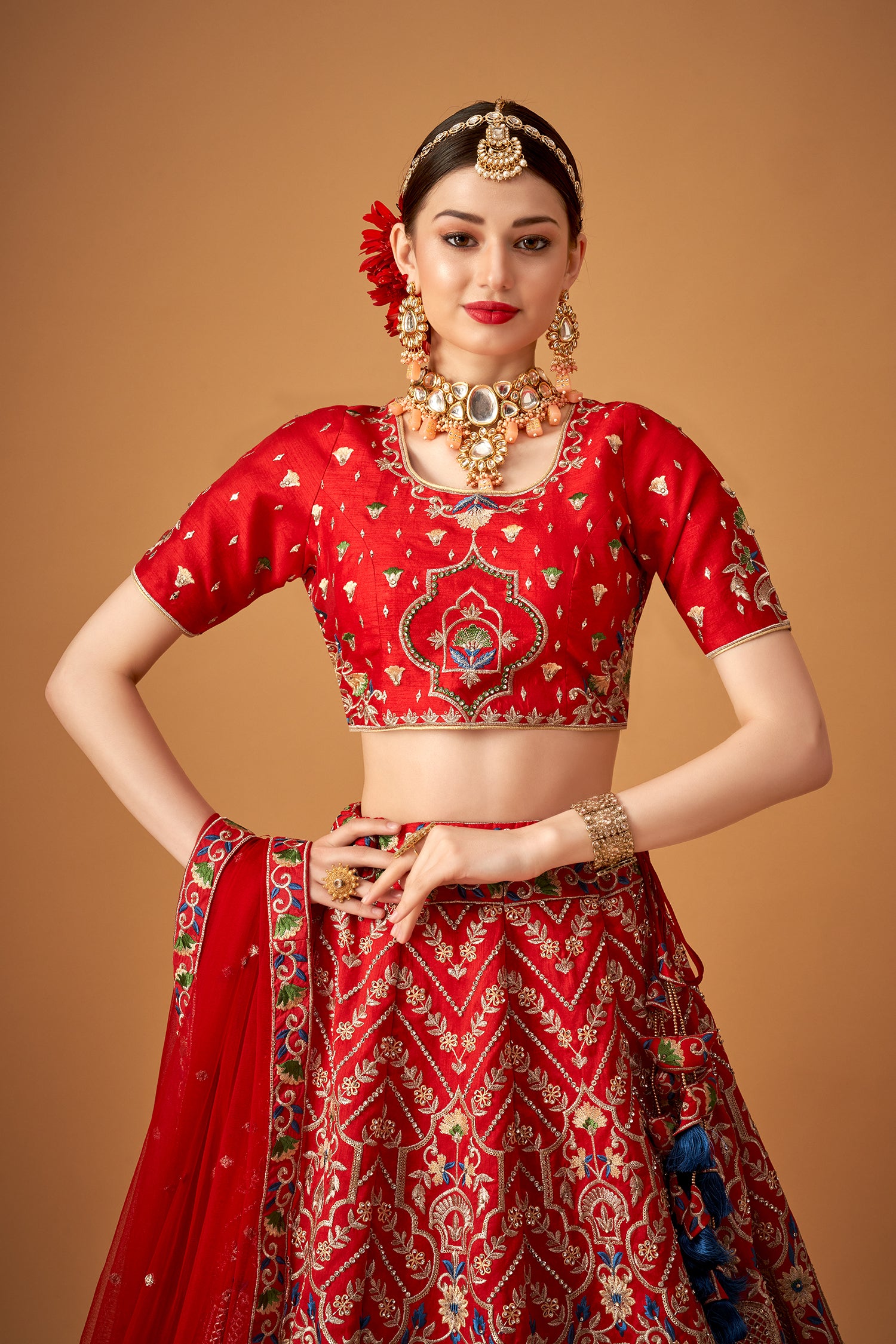 Red Embroidered Lehenga Set with Beadwork Embellishments