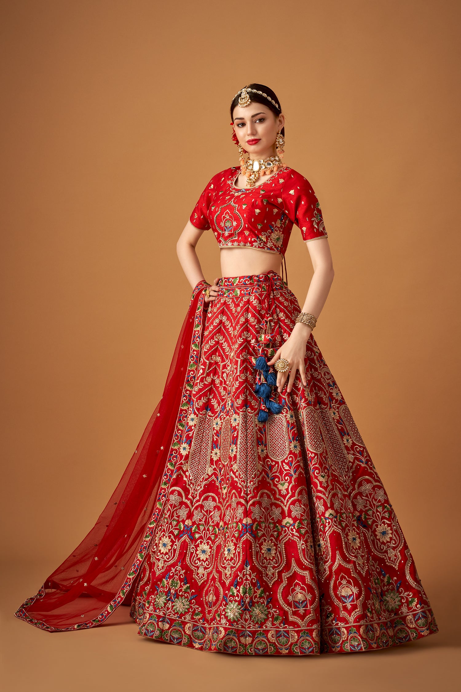 Red Embroidered Lehenga Set with Beadwork Embellishments