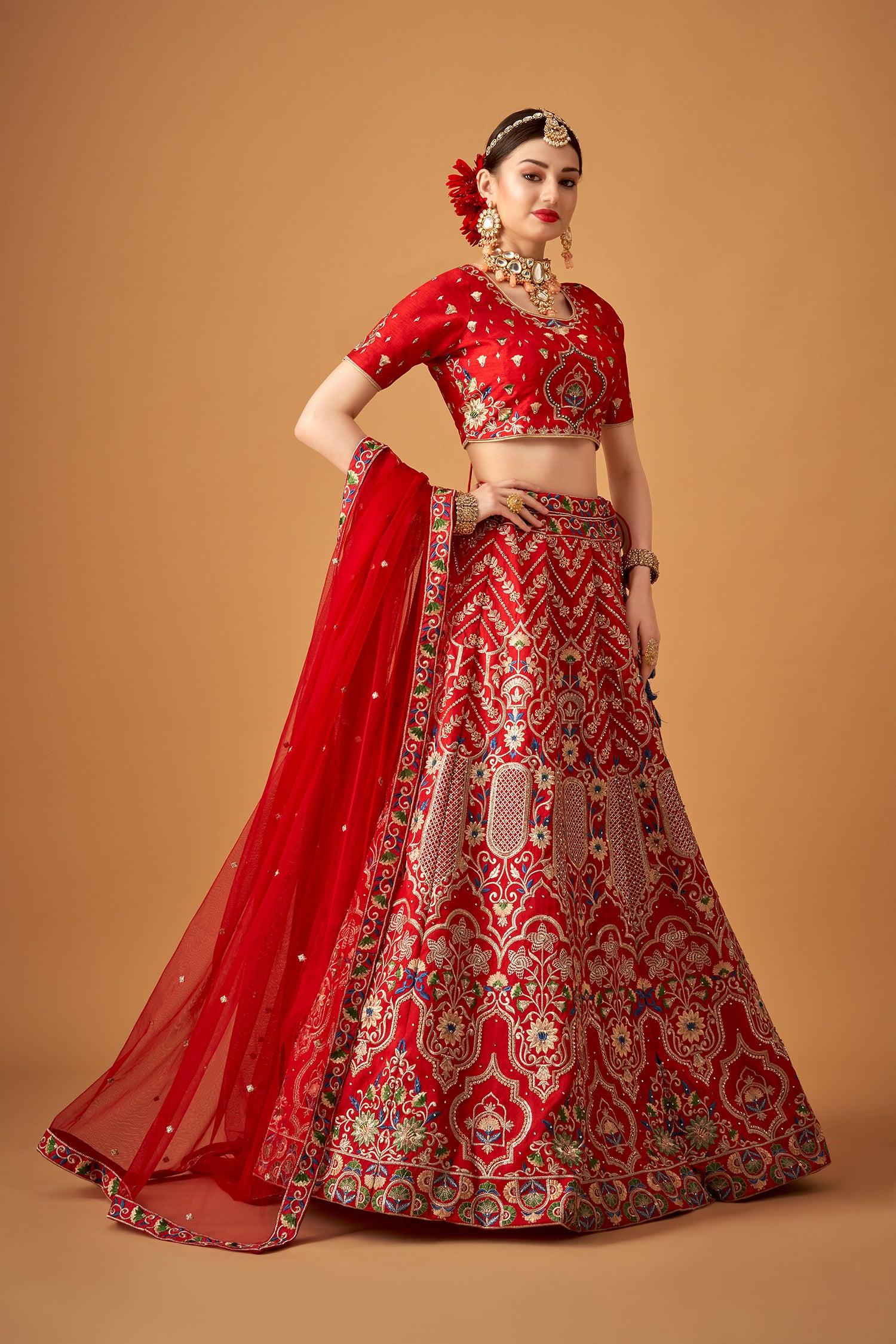 Red Embroidered Lehenga Set with Beadwork Embellishments