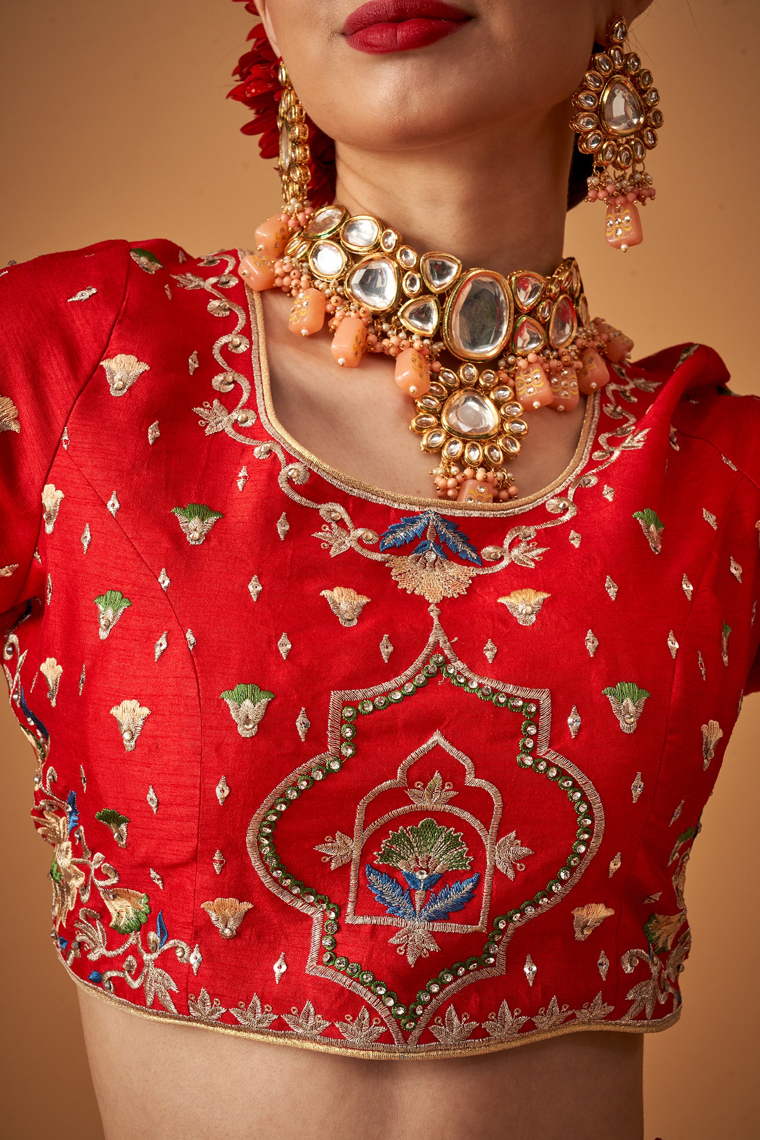 Red Embroidered Lehenga Set with Beadwork Embellishments