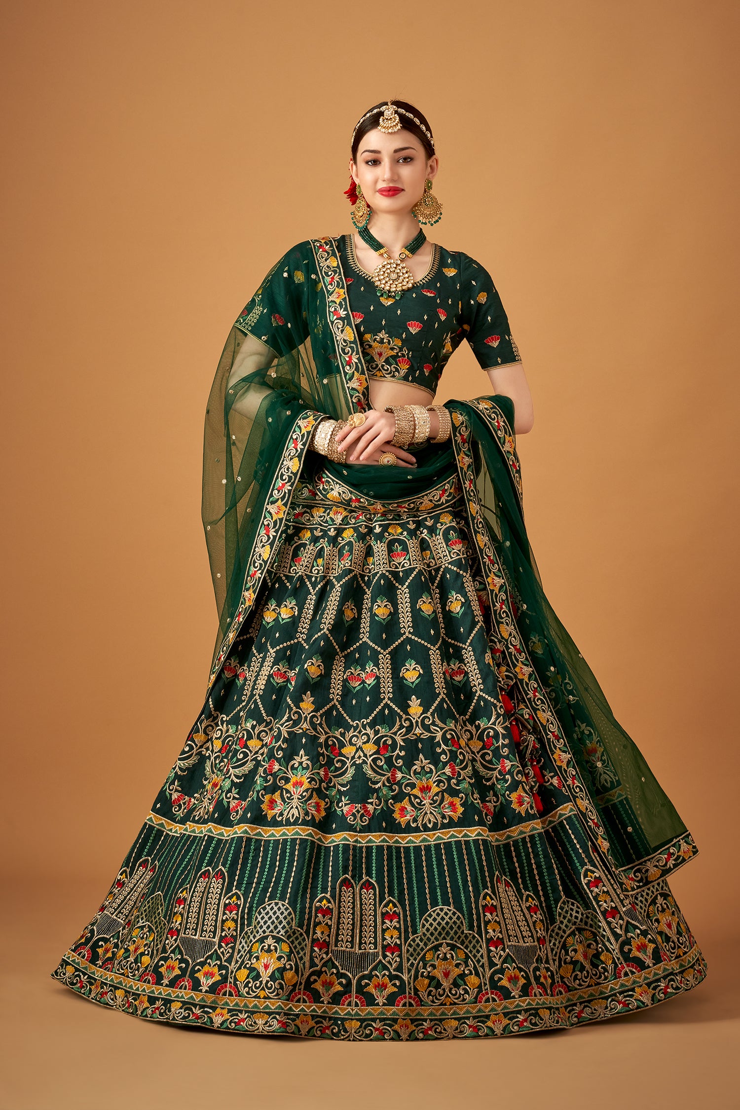 Bottle Green Embroidered Lehenga Set