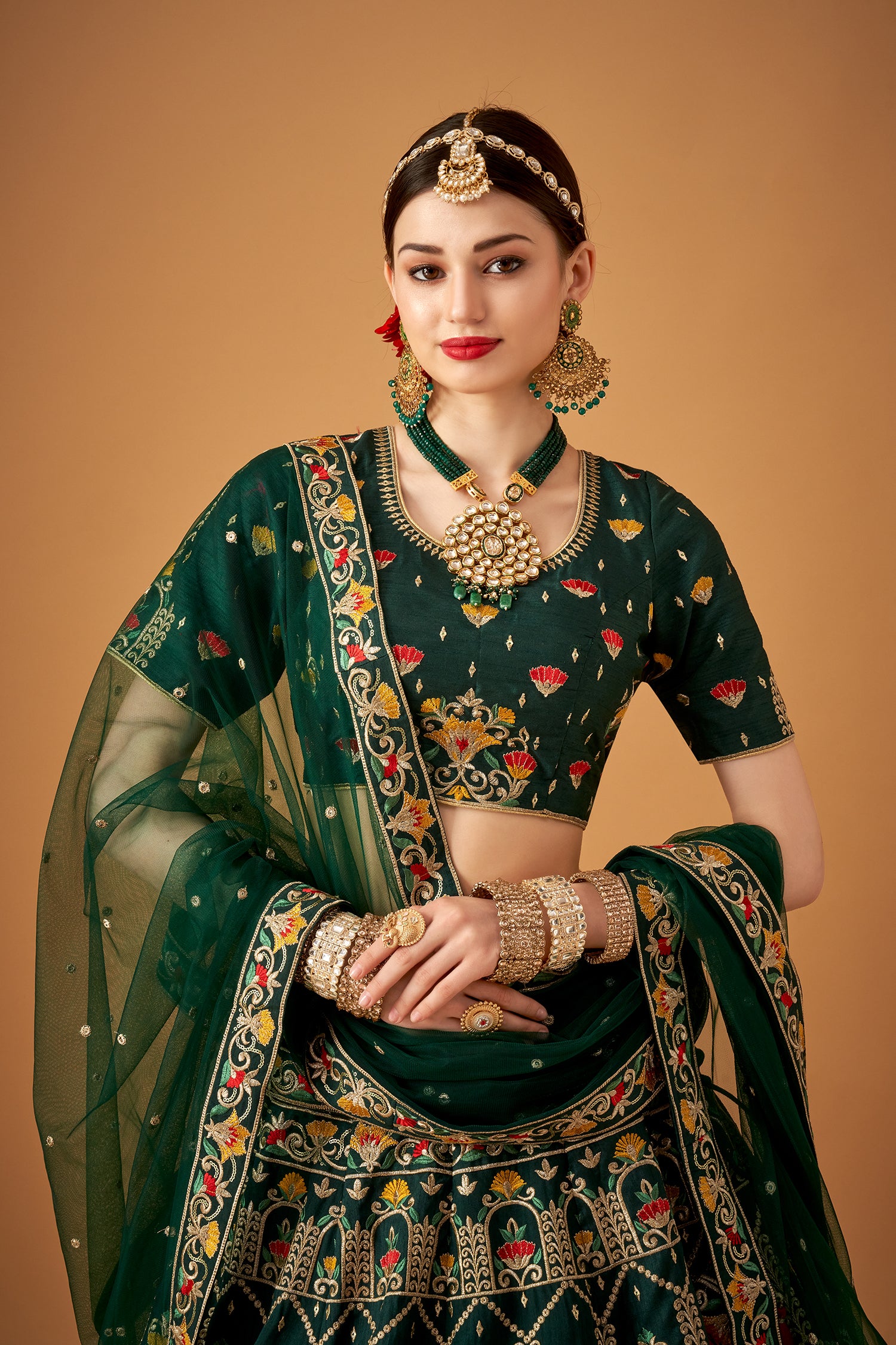 Bottle Green Embroidered Lehenga Set