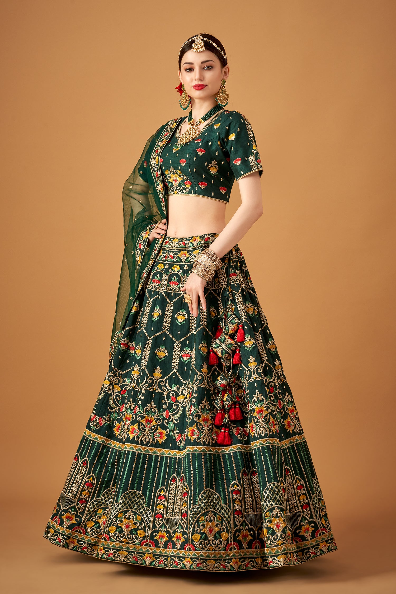 Bottle Green Embroidered Lehenga Set
