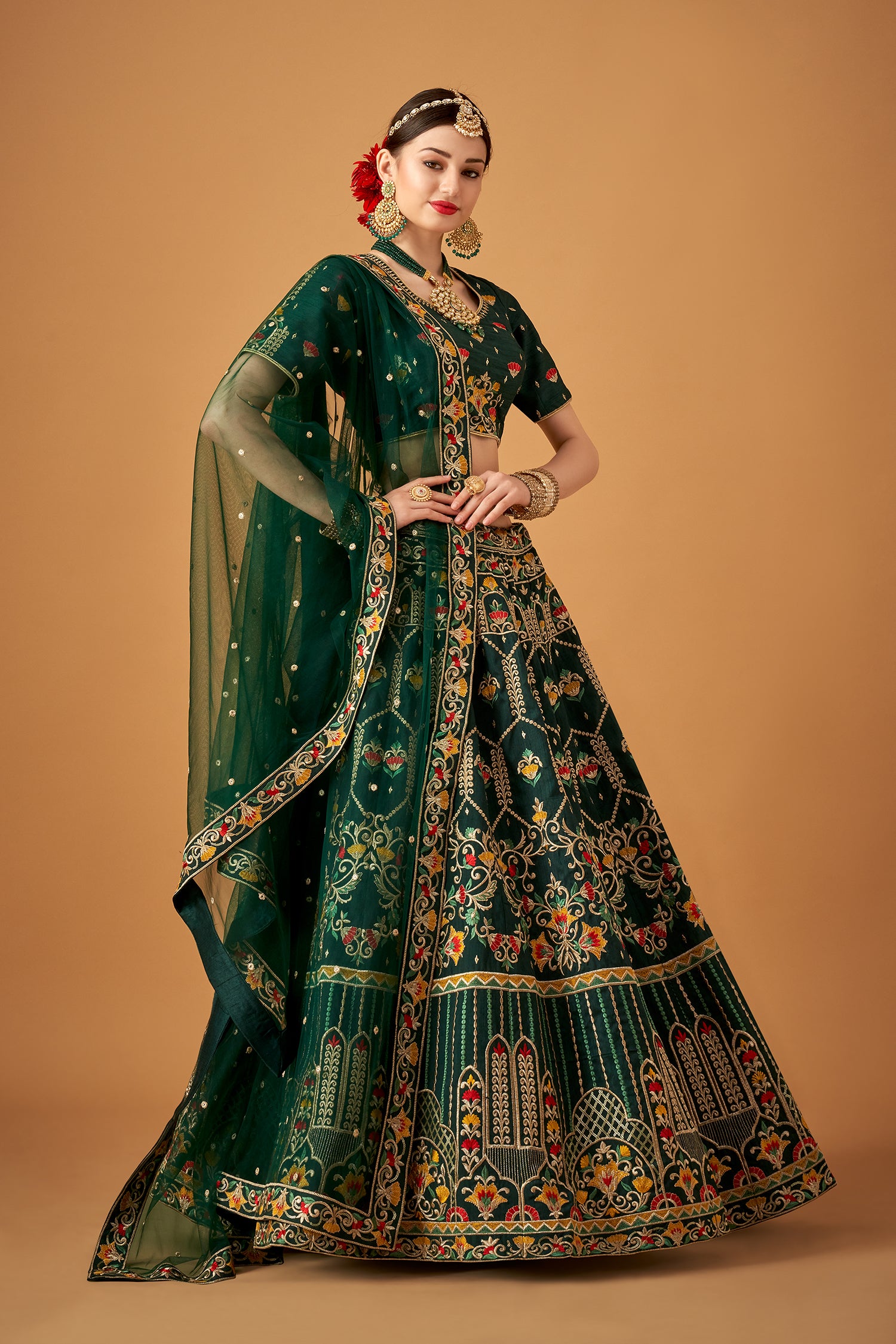 Bottle Green Embroidered Lehenga Set