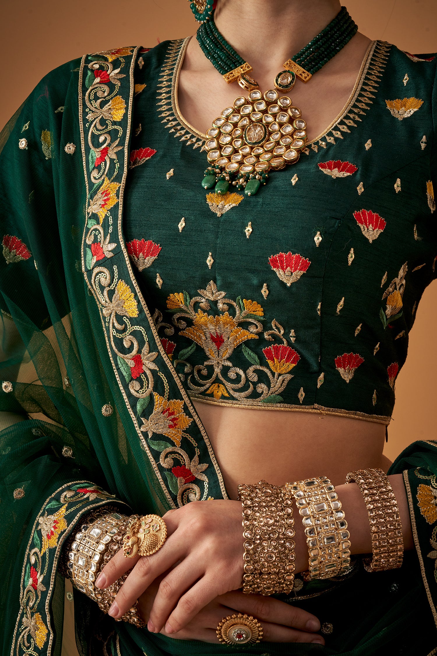Bottle Green Embroidered Lehenga Set