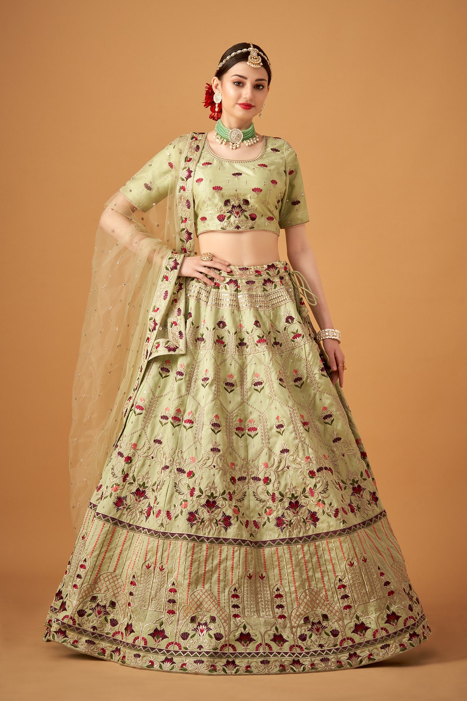 Pista Green Floral Embroidered Lehenga Set