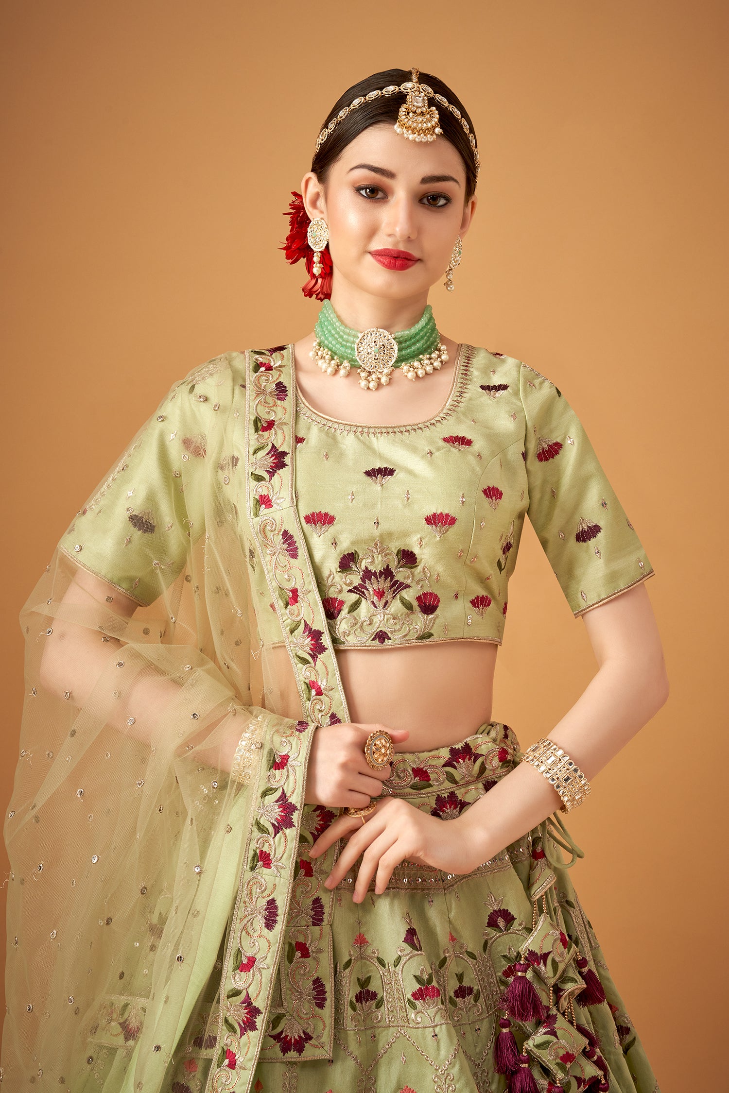 Pista Green Floral Embroidered Lehenga Set
