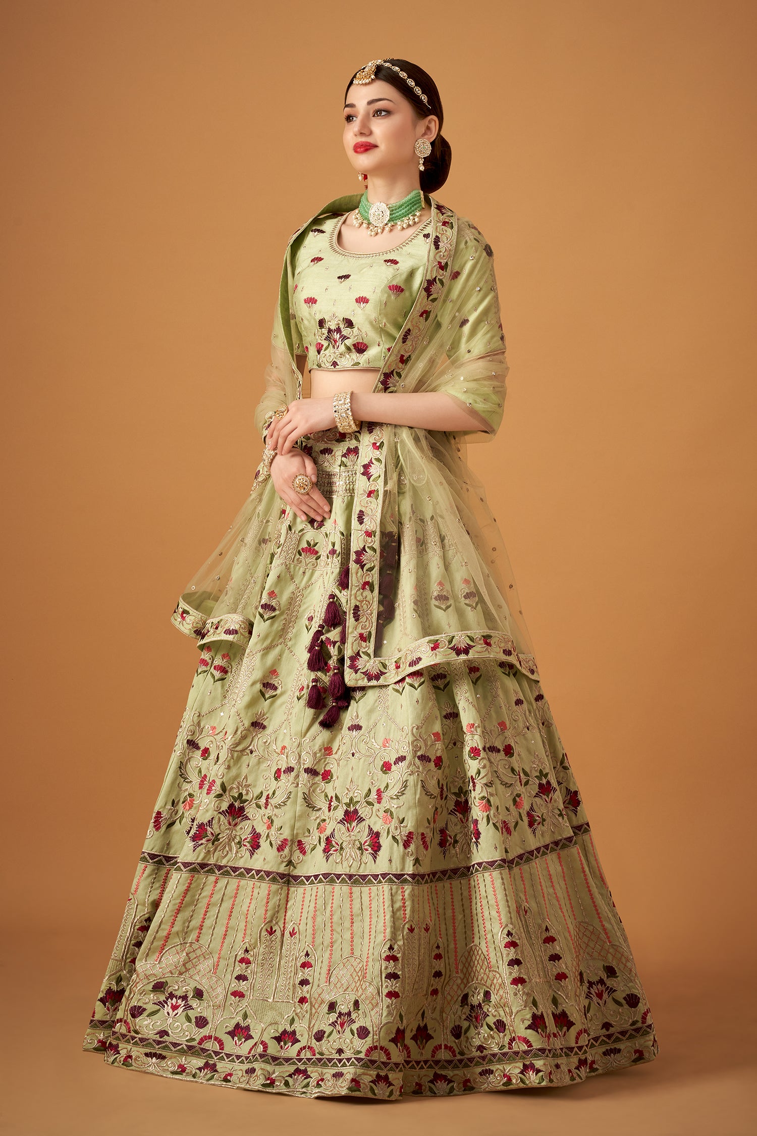 Pista Green Floral Embroidered Lehenga Set