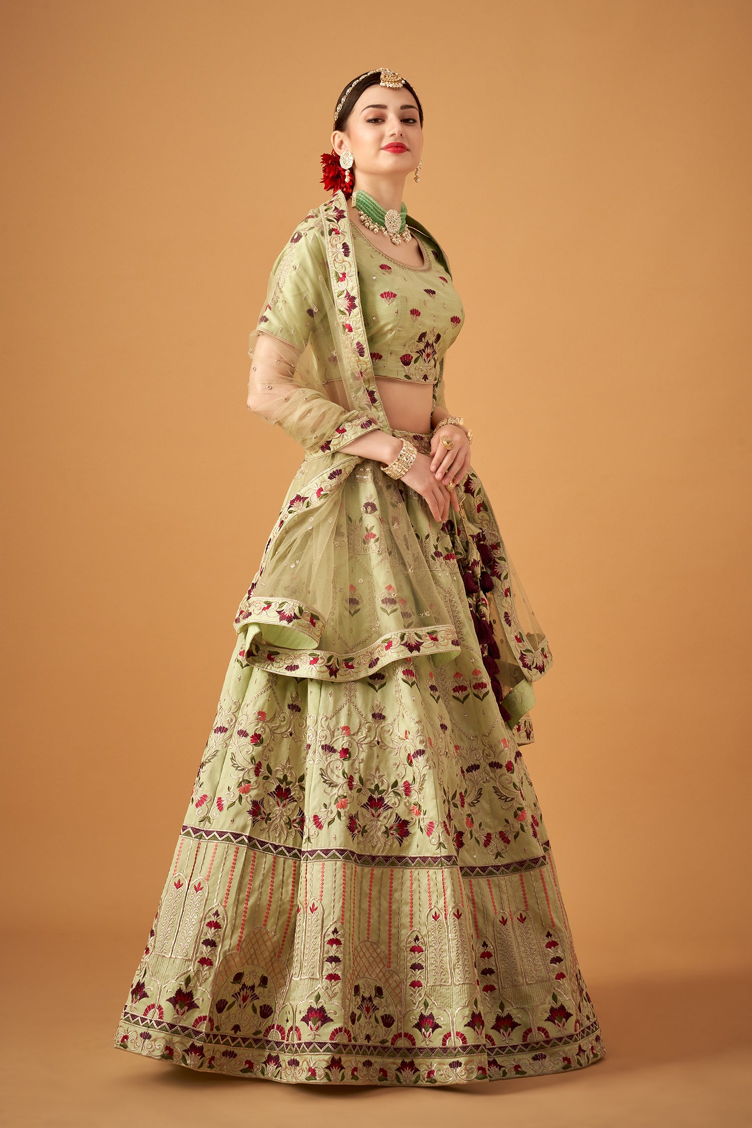 Pista Green Floral Embroidered Lehenga Set