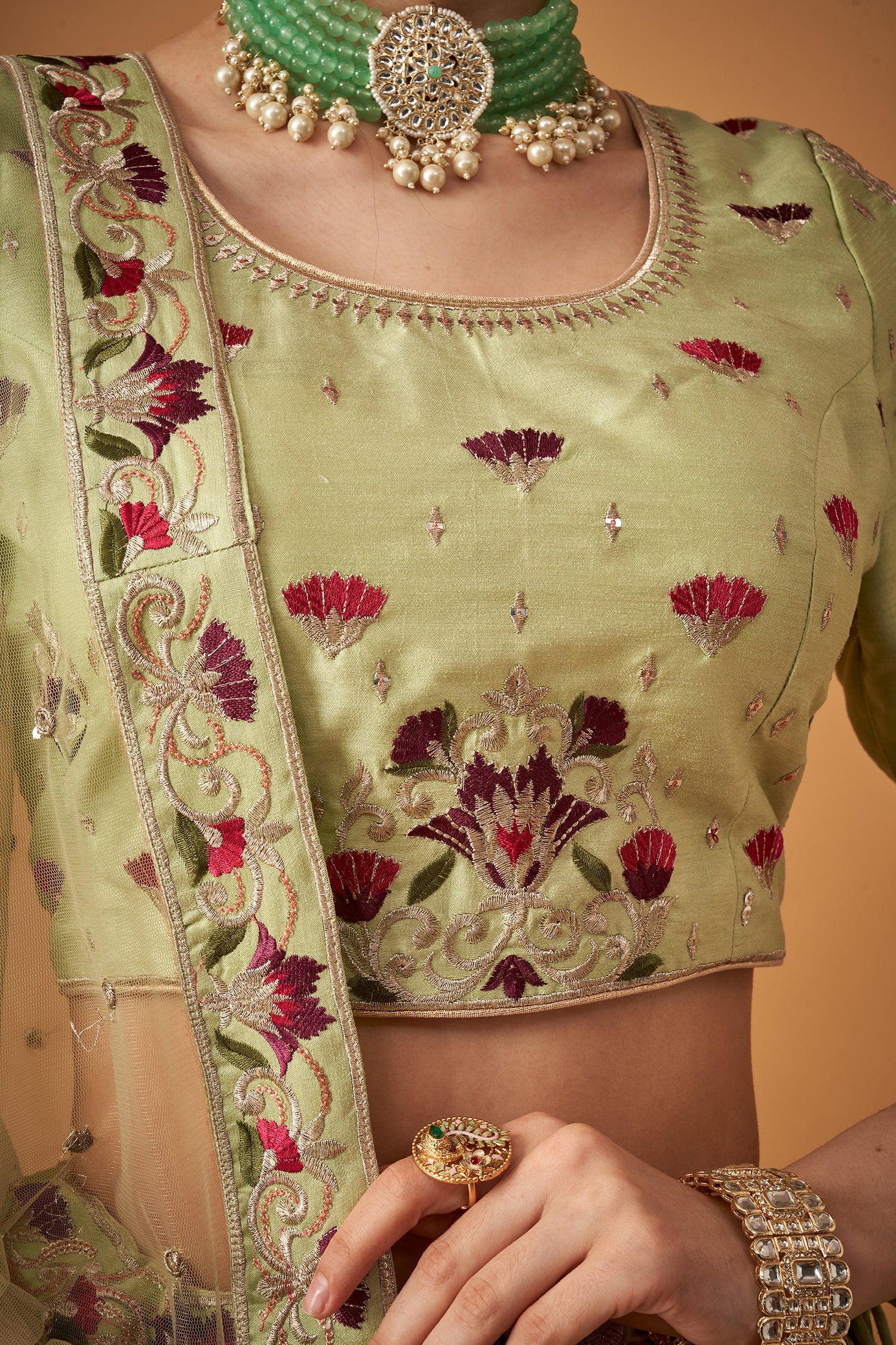 Pista Green Floral Embroidered Lehenga Set