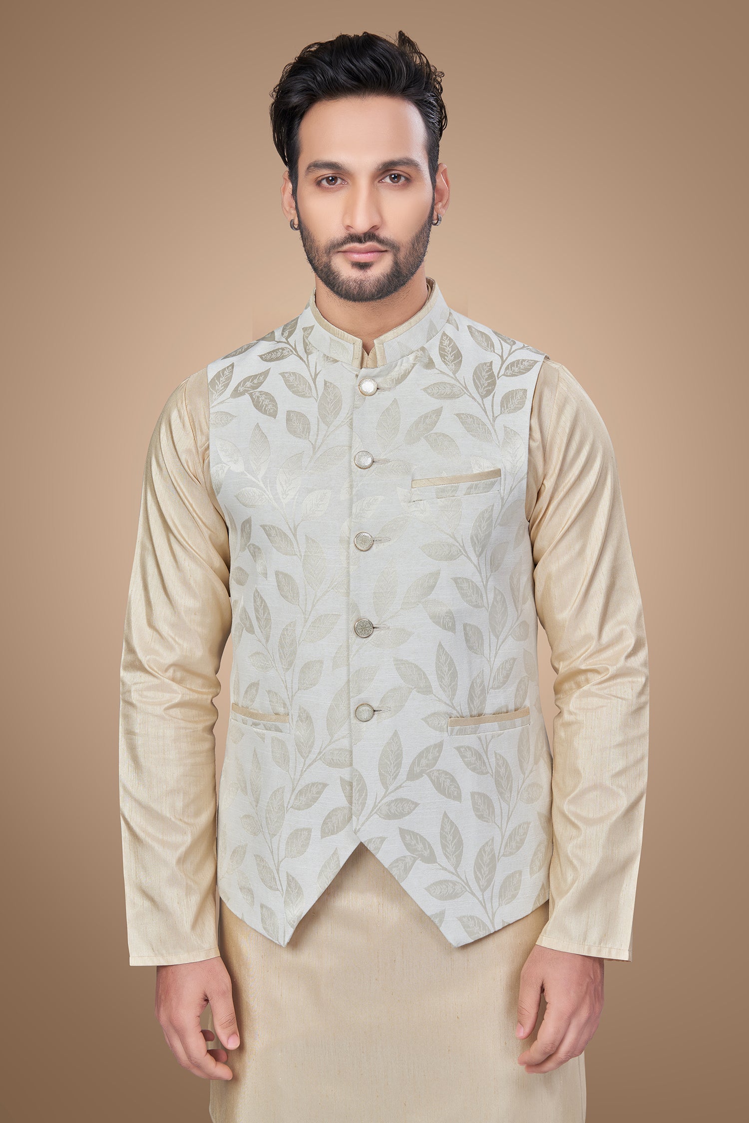 Stylish White Floral Brocade Jacket with A-Line Silhouette