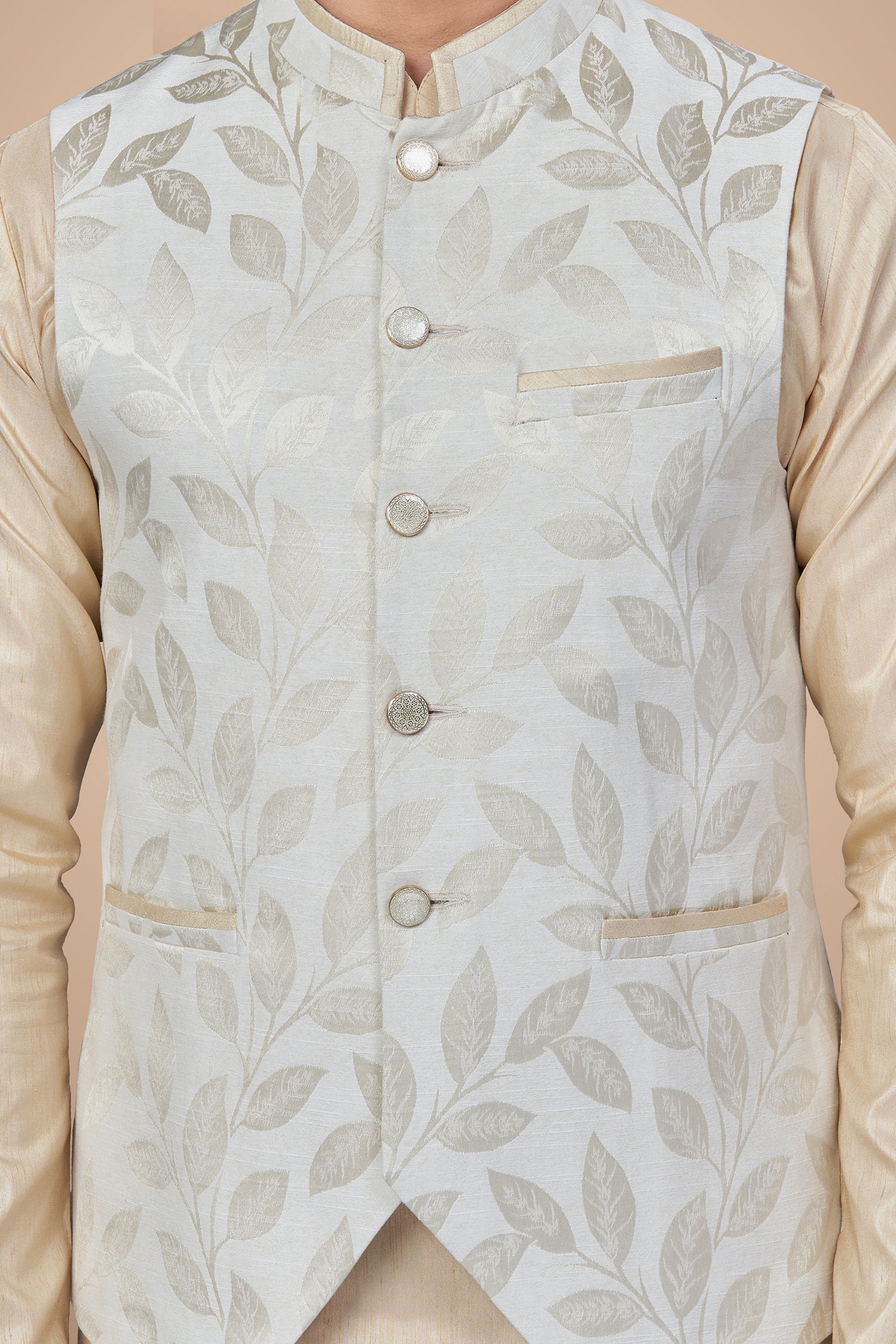 Stylish White Floral Brocade Jacket with A-Line Silhouette