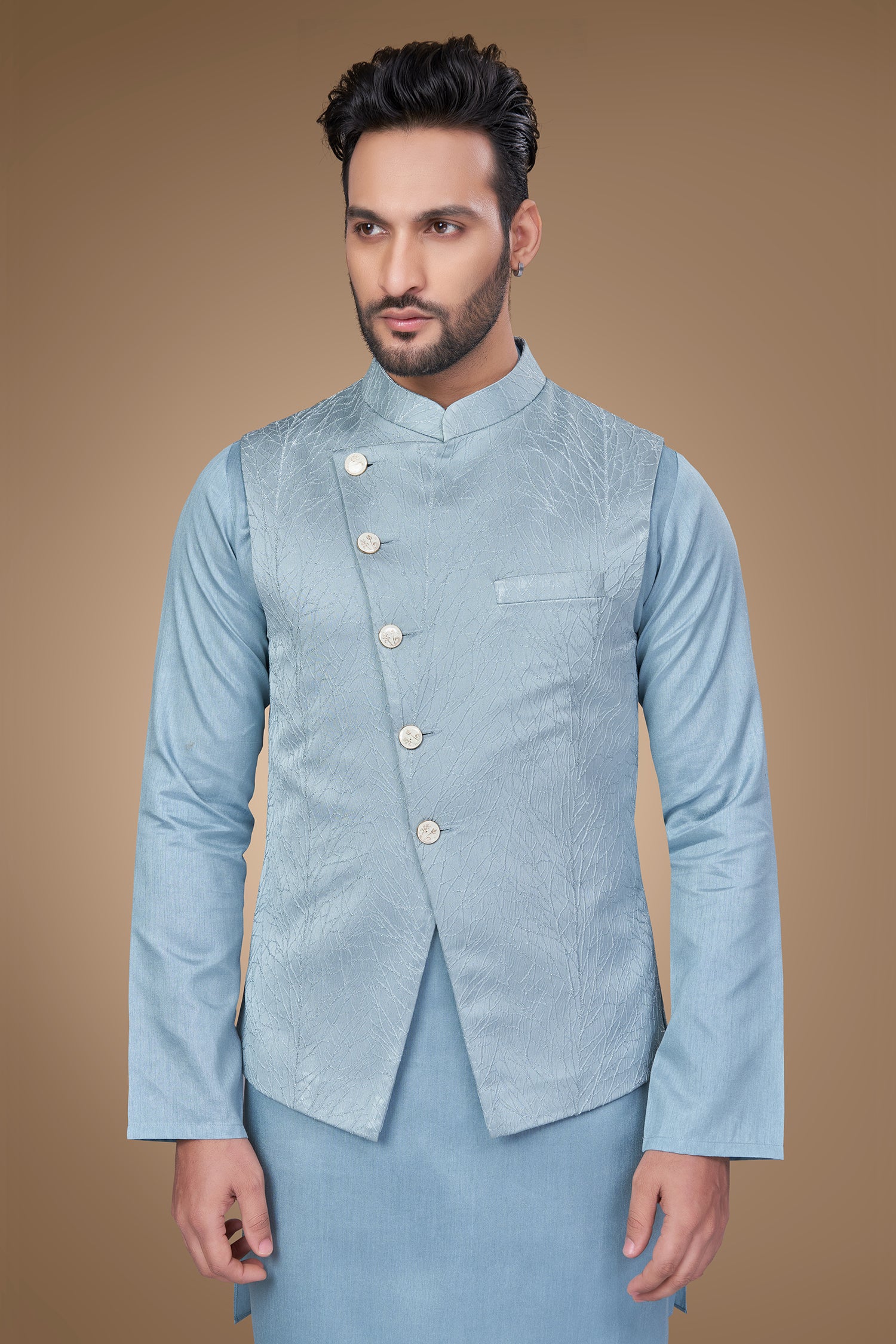 Blue Jacquard Jacket with A-Line Silhouette