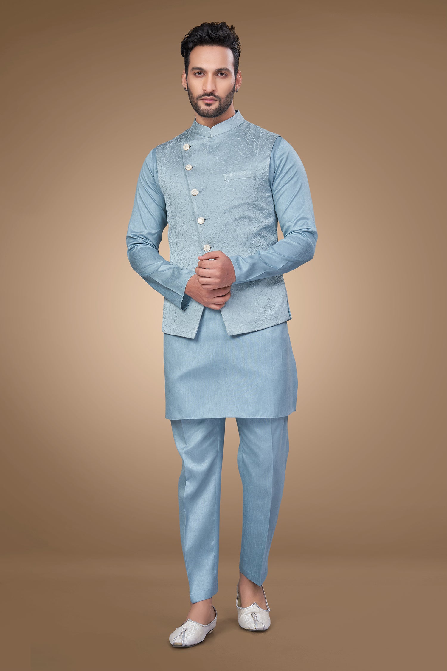 Blue Jacquard Jacket with A-Line Silhouette