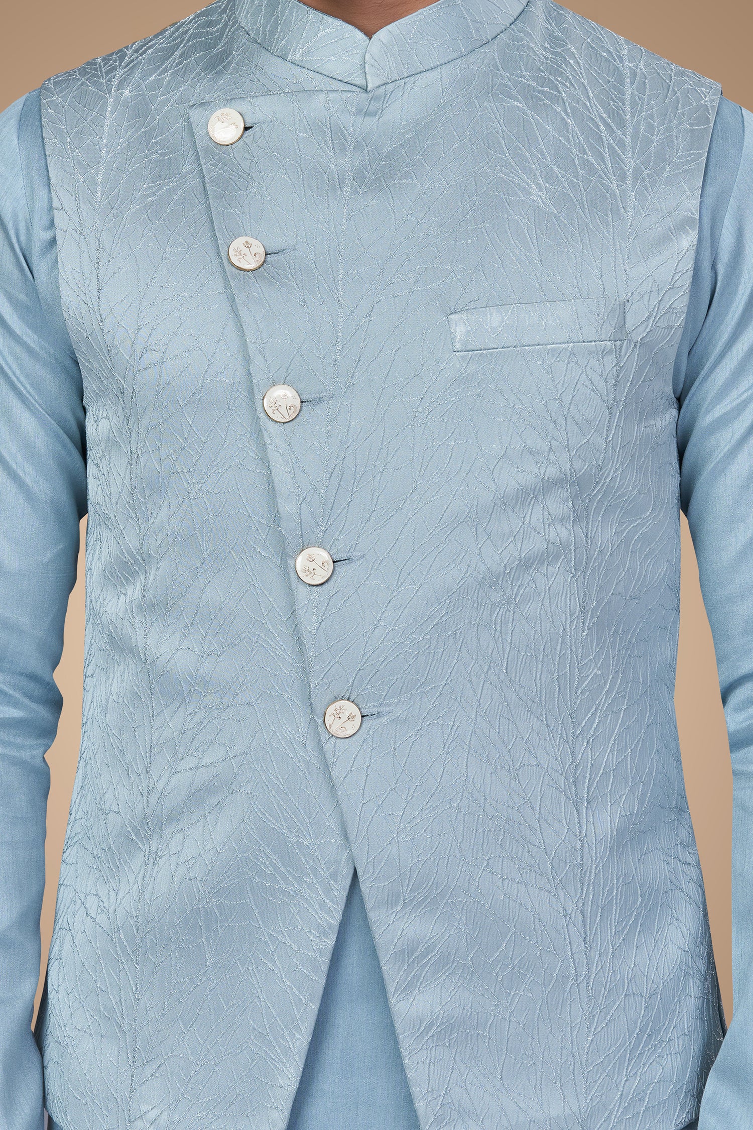 Blue Jacquard Jacket with A-Line Silhouette