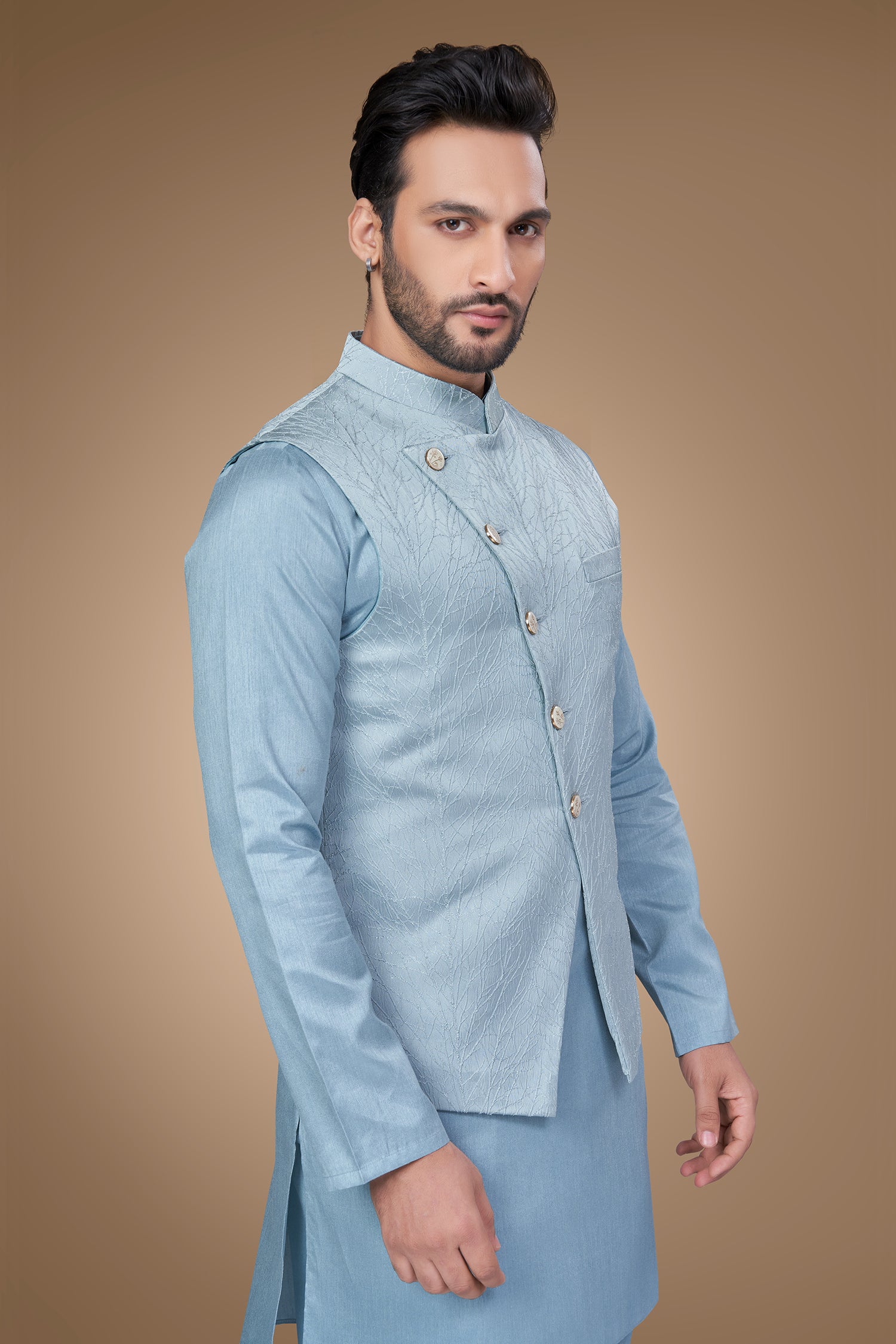 Blue Jacquard Jacket with A-Line Silhouette