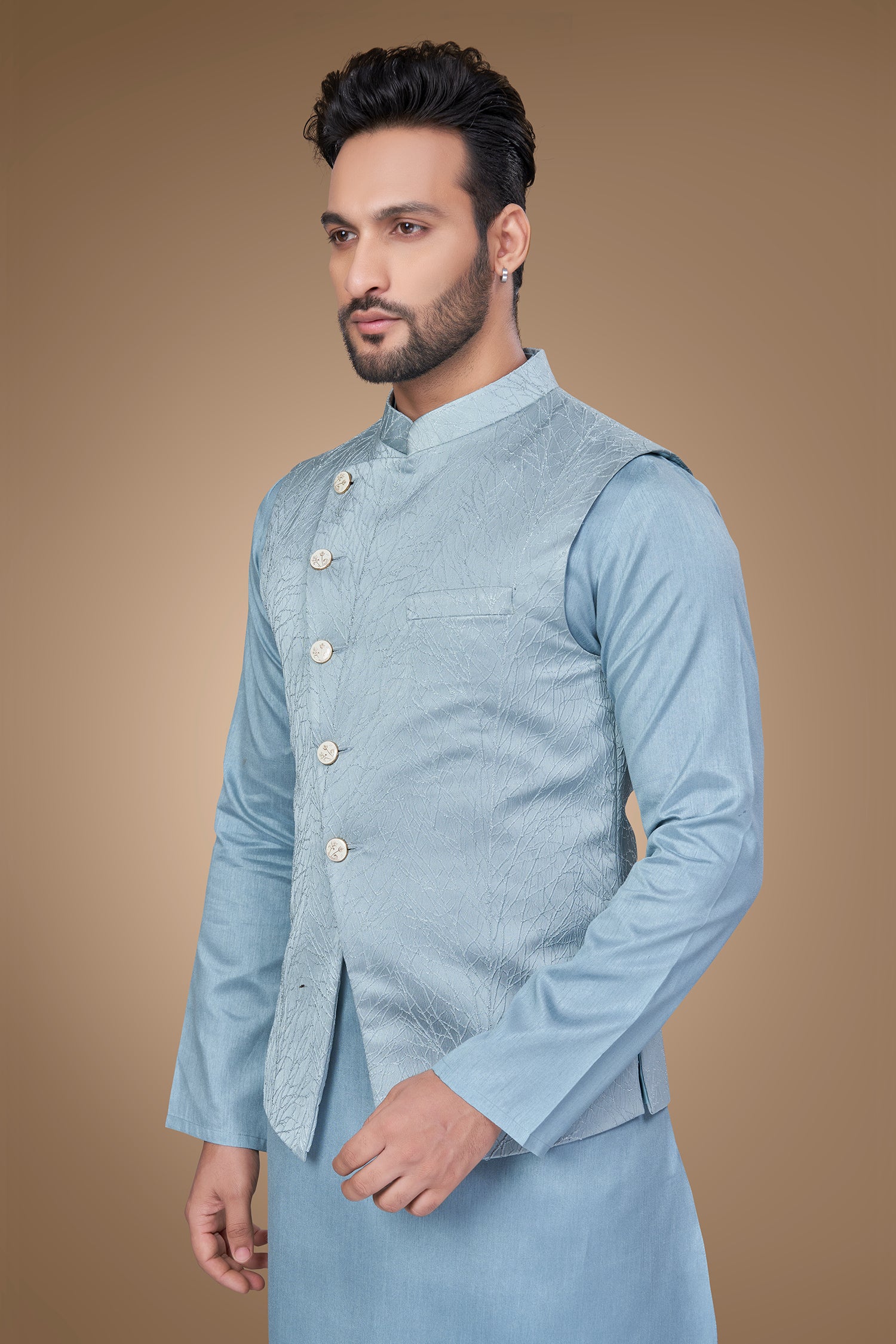 Blue Jacquard Jacket with A-Line Silhouette