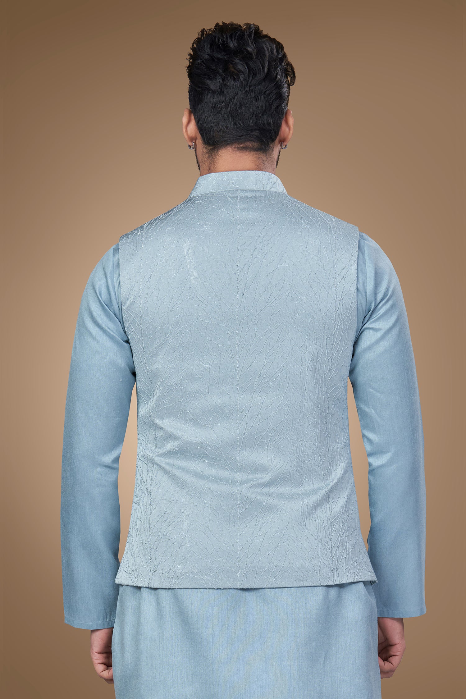 Blue Jacquard Jacket with A-Line Silhouette