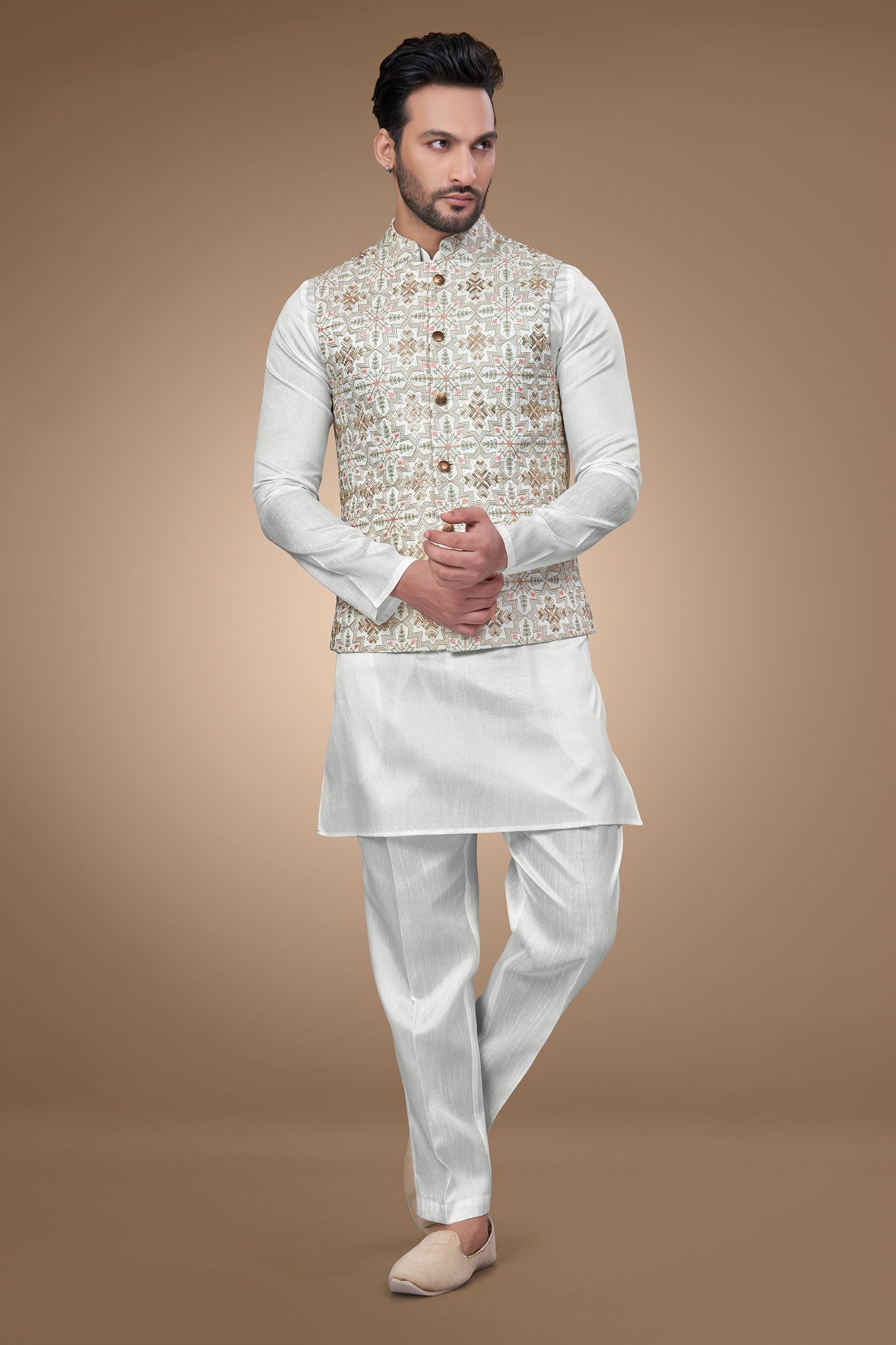 White Floral Jacket with Sequins Embellishments