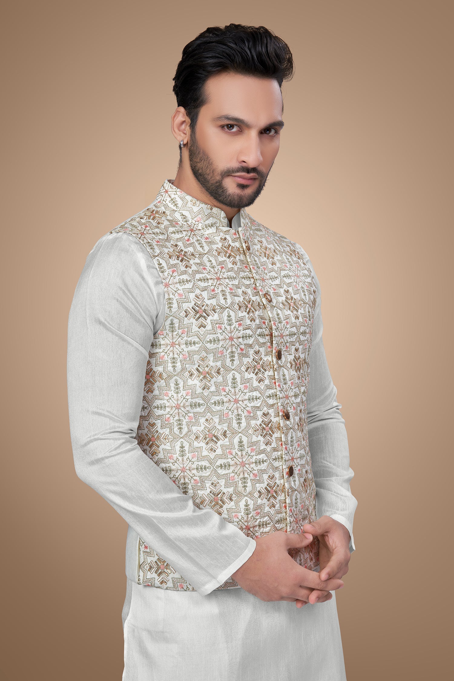 White Floral Jacket with Sequins Embellishments