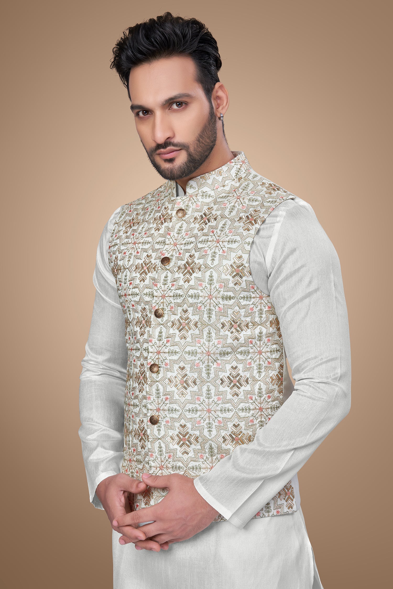 White Floral Jacket with Sequins Embellishments