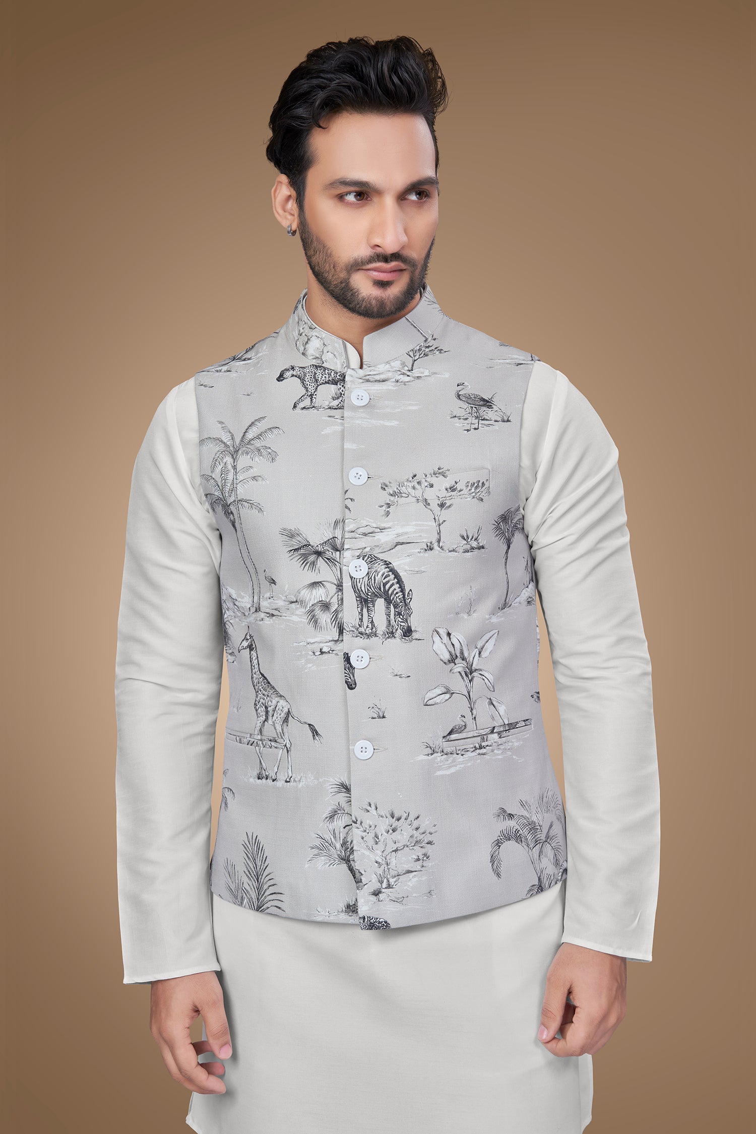 Grayish Jacket with Black and White Nature Print