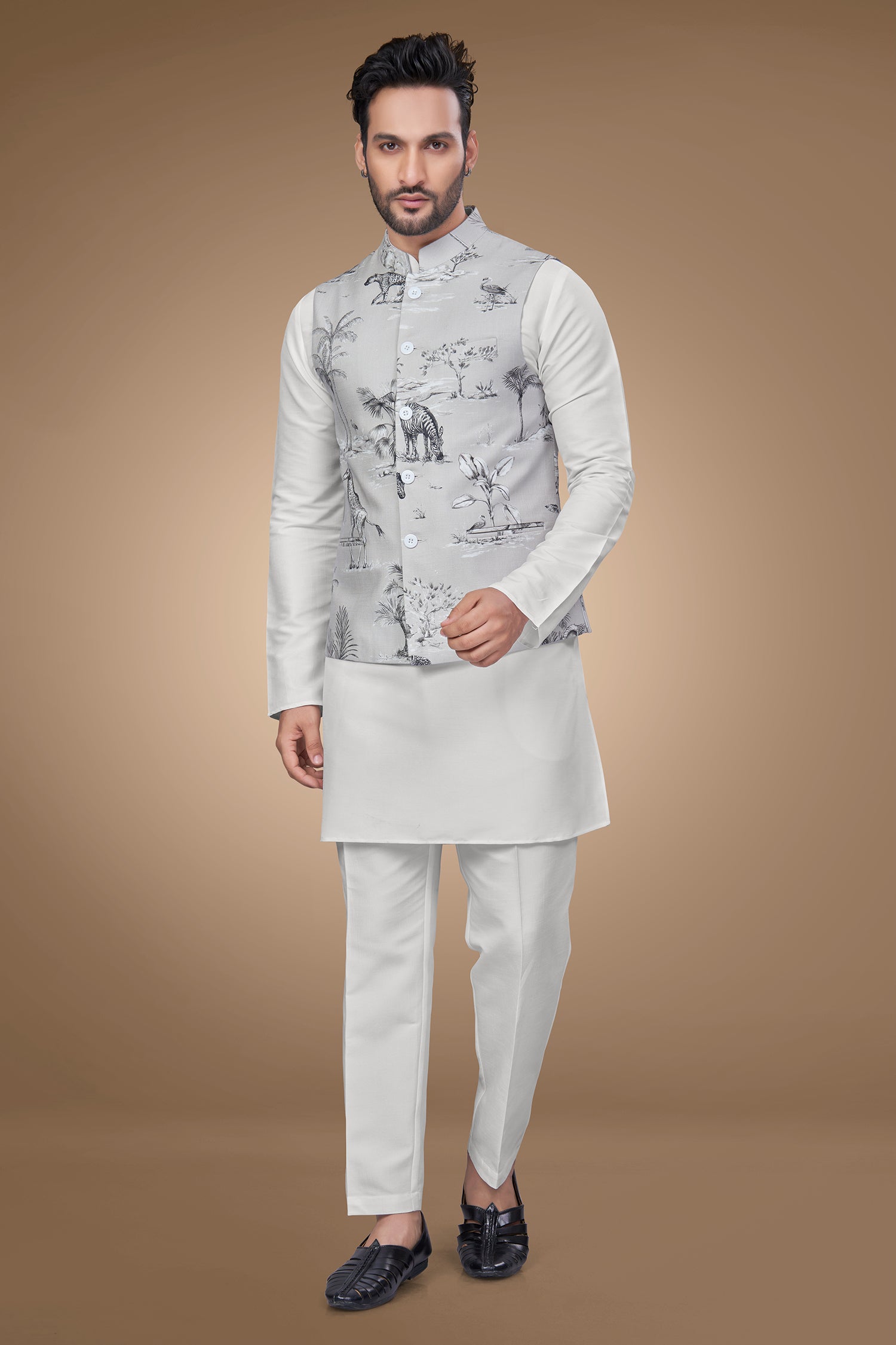 Grayish Jacket with Black and White Nature Print