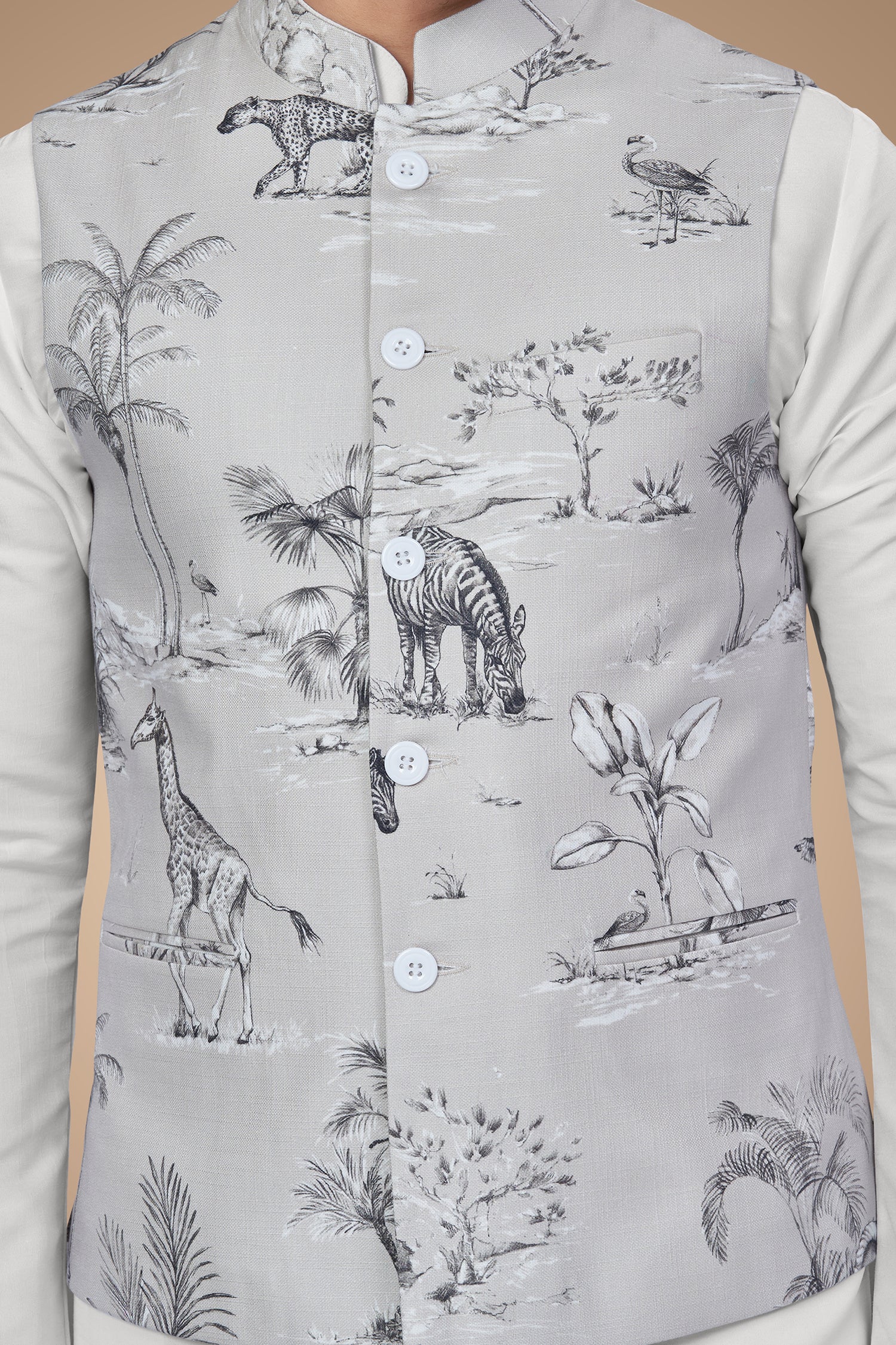 Grayish Jacket with Black and White Nature Print