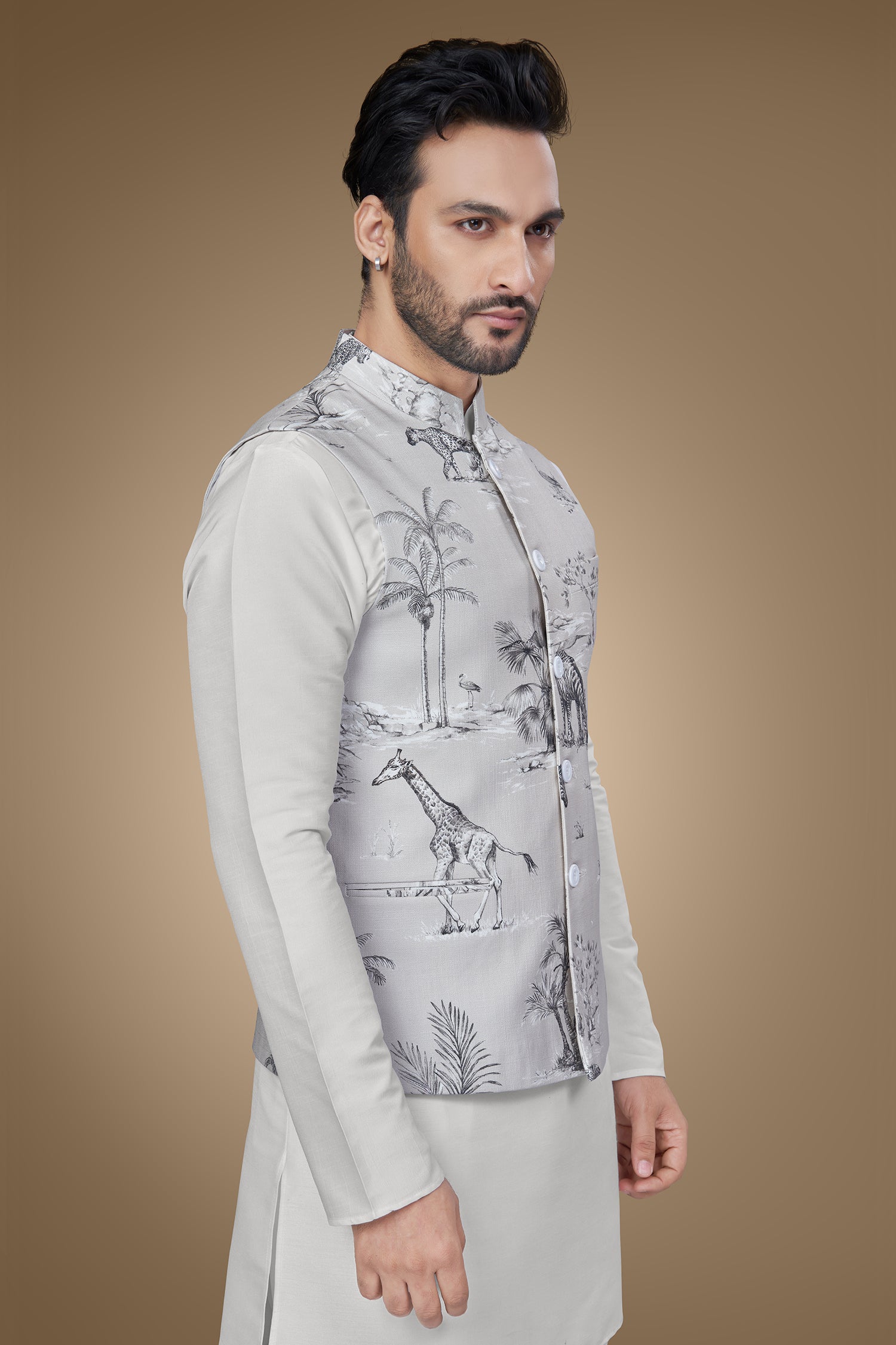 Grayish Jacket with Black and White Nature Print