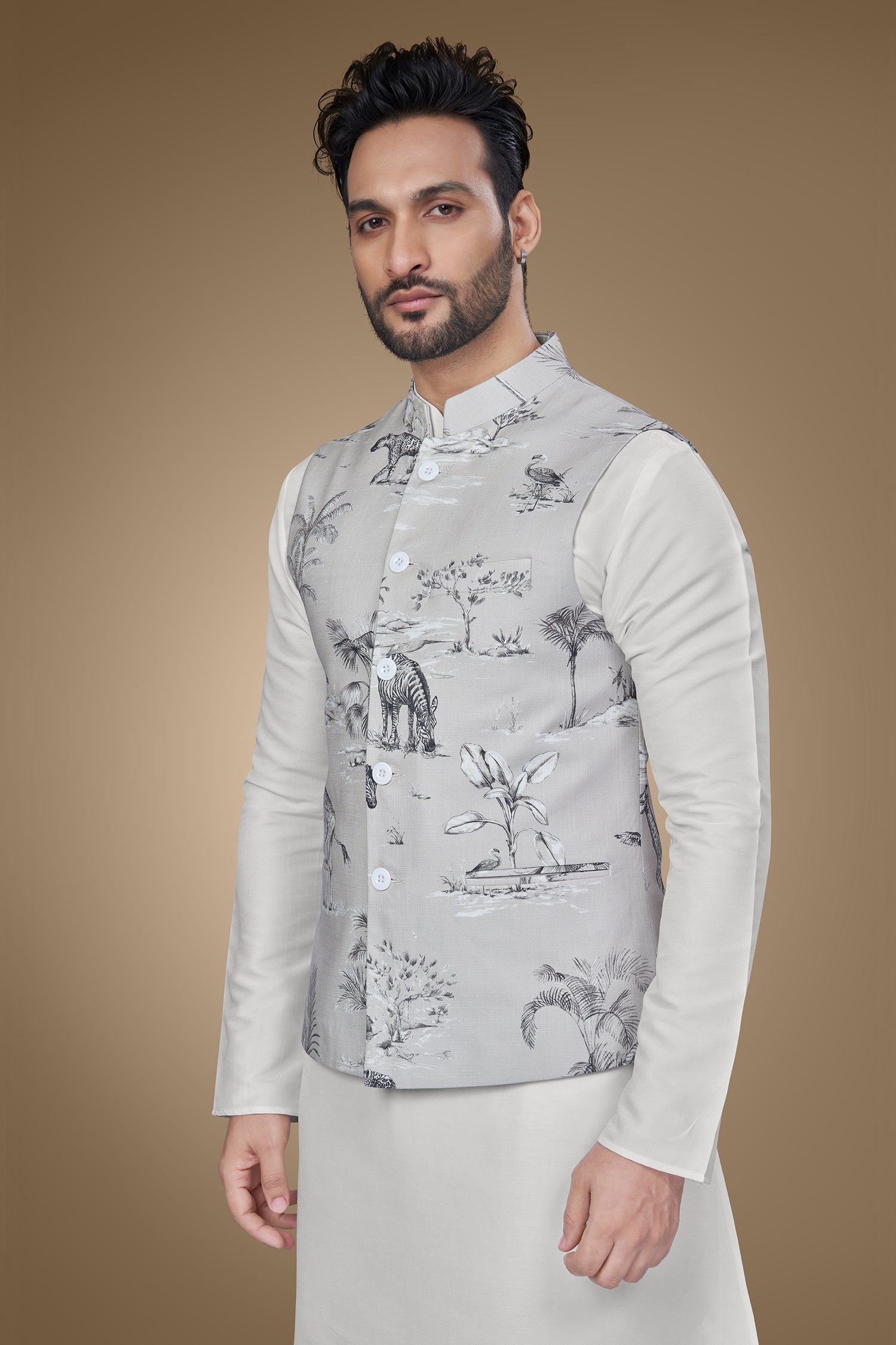 Grayish Jacket with Black and White Nature Print