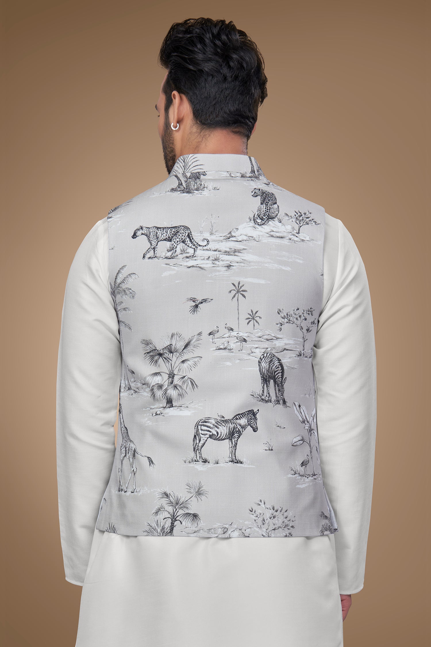 Grayish Jacket with Black and White Nature Print