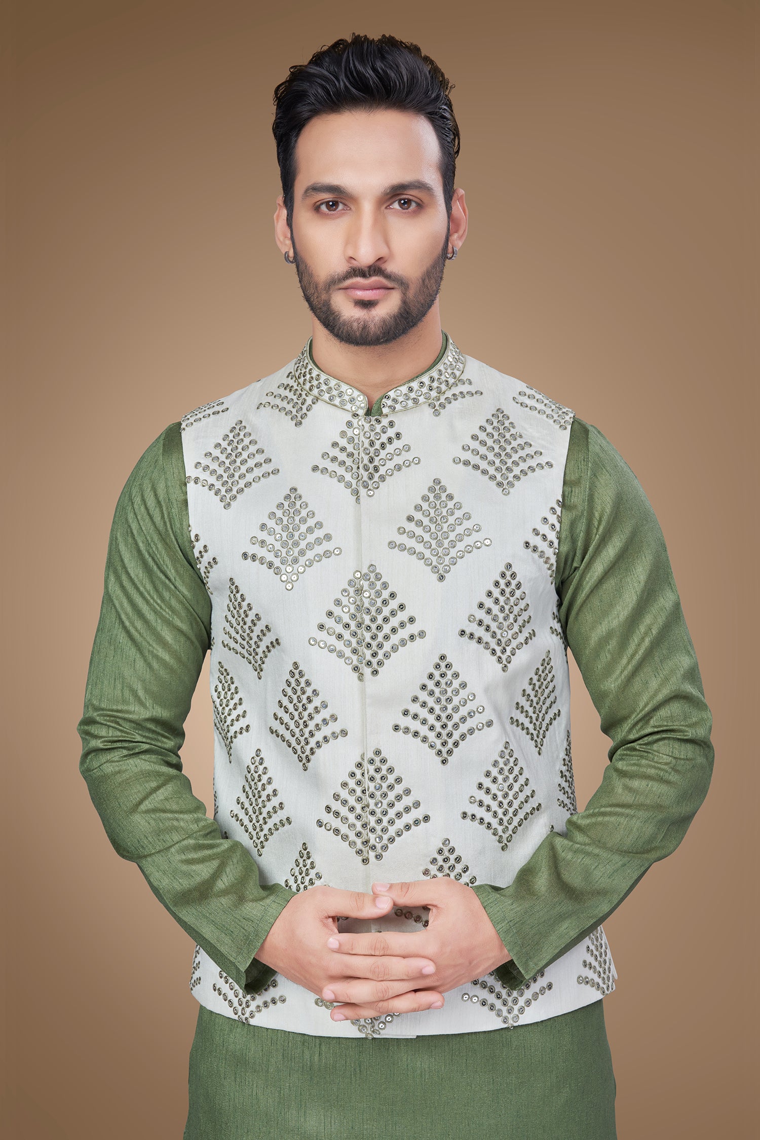 Olive Green Embroidered Jacket With Sequins Work