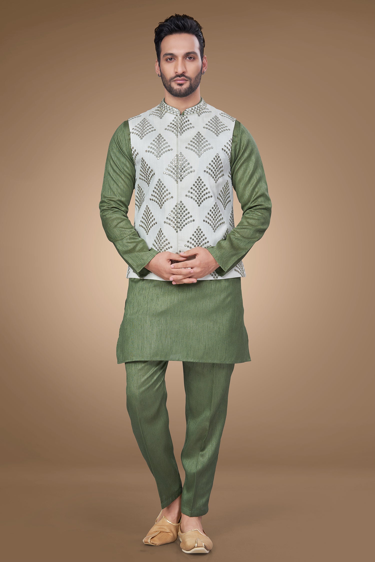 Olive Green Embroidered Jacket With Sequins Work