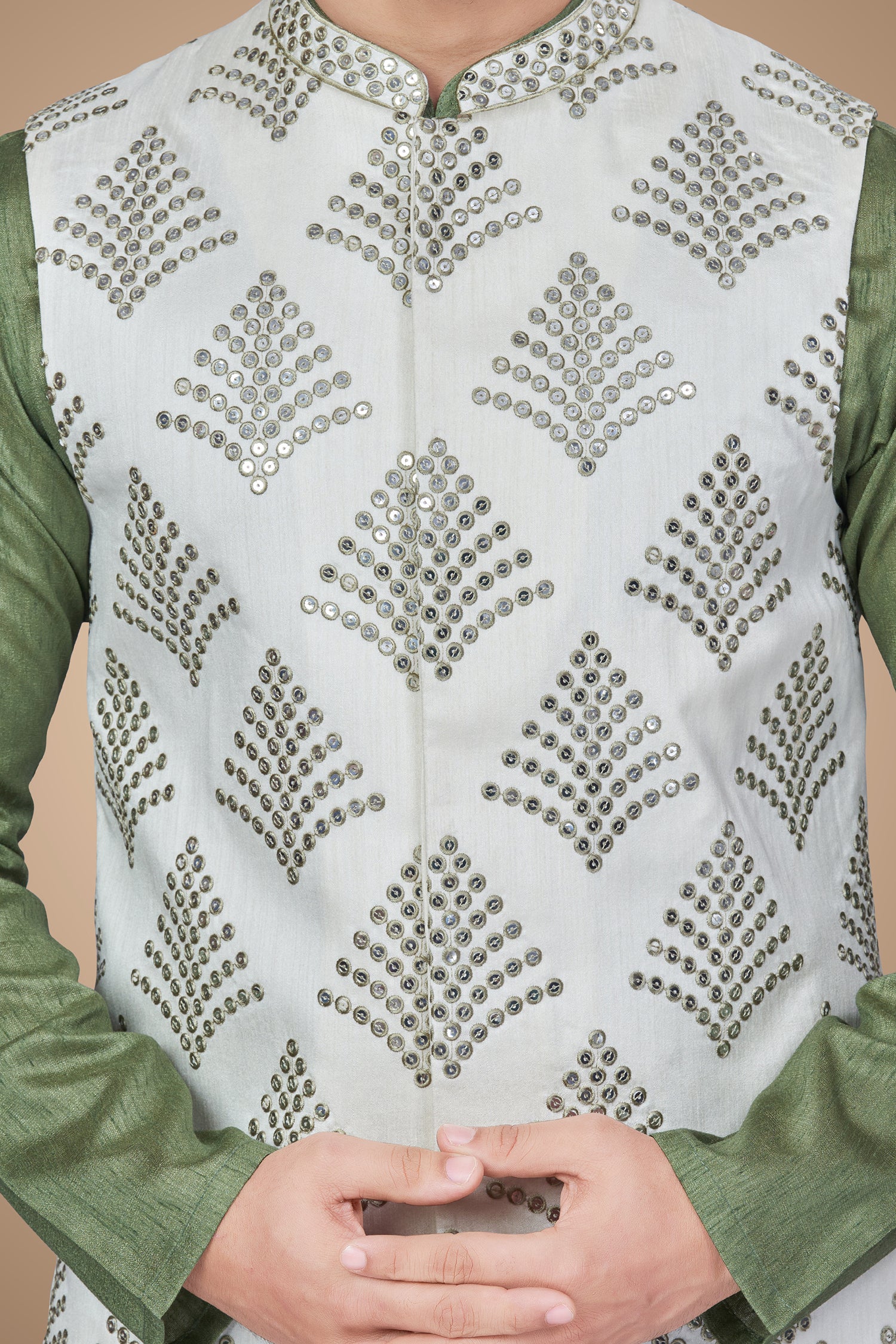 Olive Green Embroidered Jacket With Sequins Work